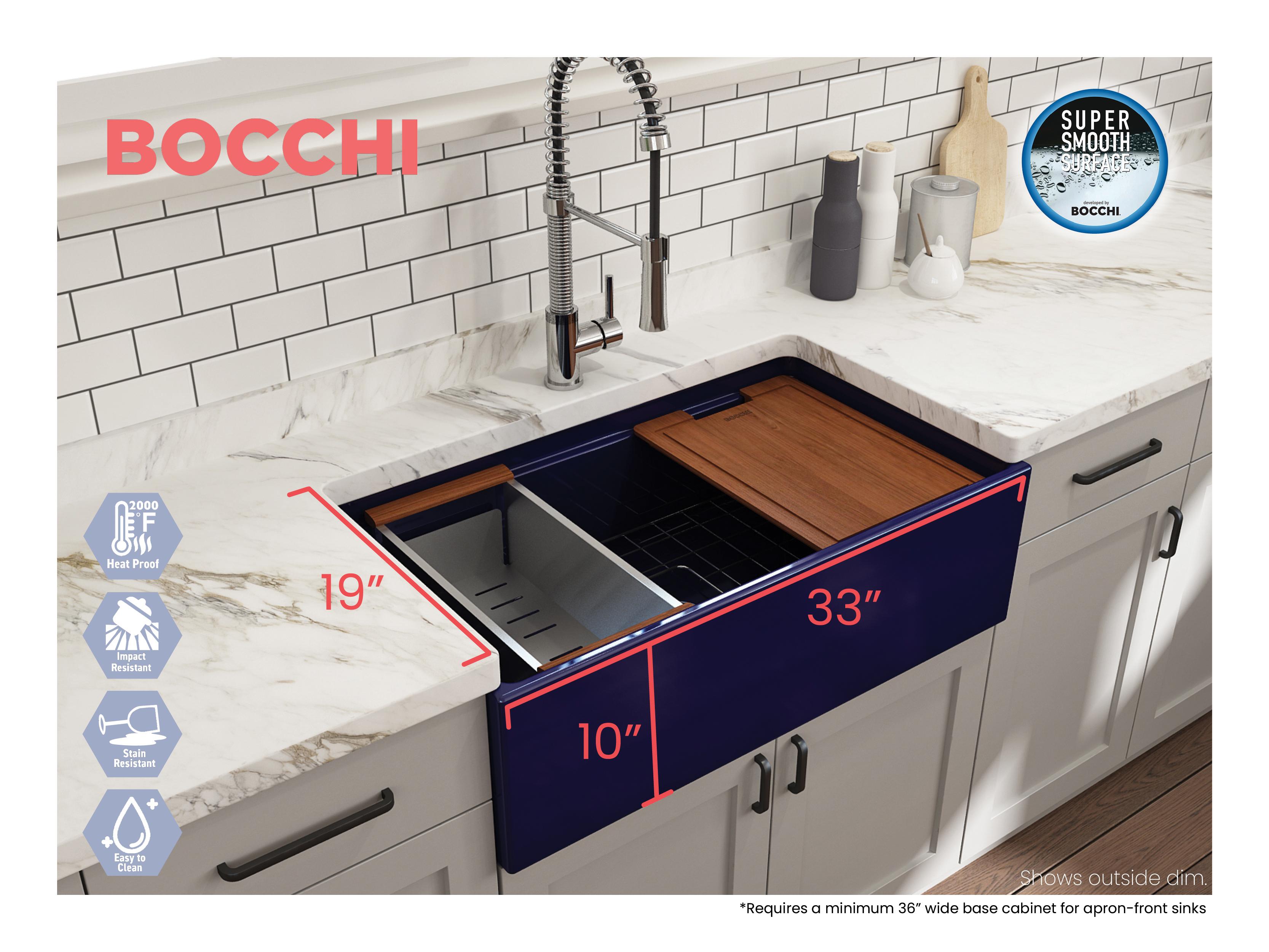 BOCCHI 1504-010-0120 Contempo Step Rim Contemporary Kitchen Sink, Rectangular Shape, 10 in H x 19 in W x 33 in L, Fireclay, Blue, Import