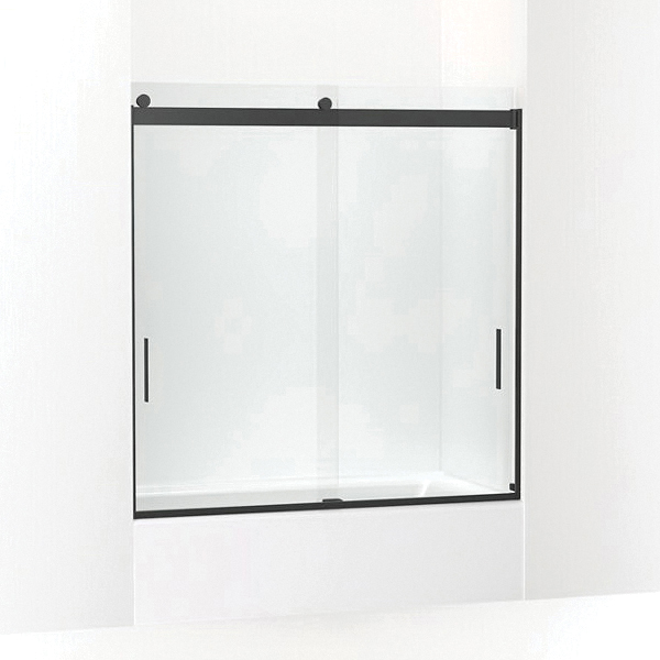 Kohler® 706000-L-BL K-706000-L Levity® Sliding Bath Door, Frameless Frame, Crystal Clear Tempered Glass, Matte Black, 1/4 in THK Glass, 54-7/8 in H Opening, 56-5/8 to 59-5/8 in W Opening