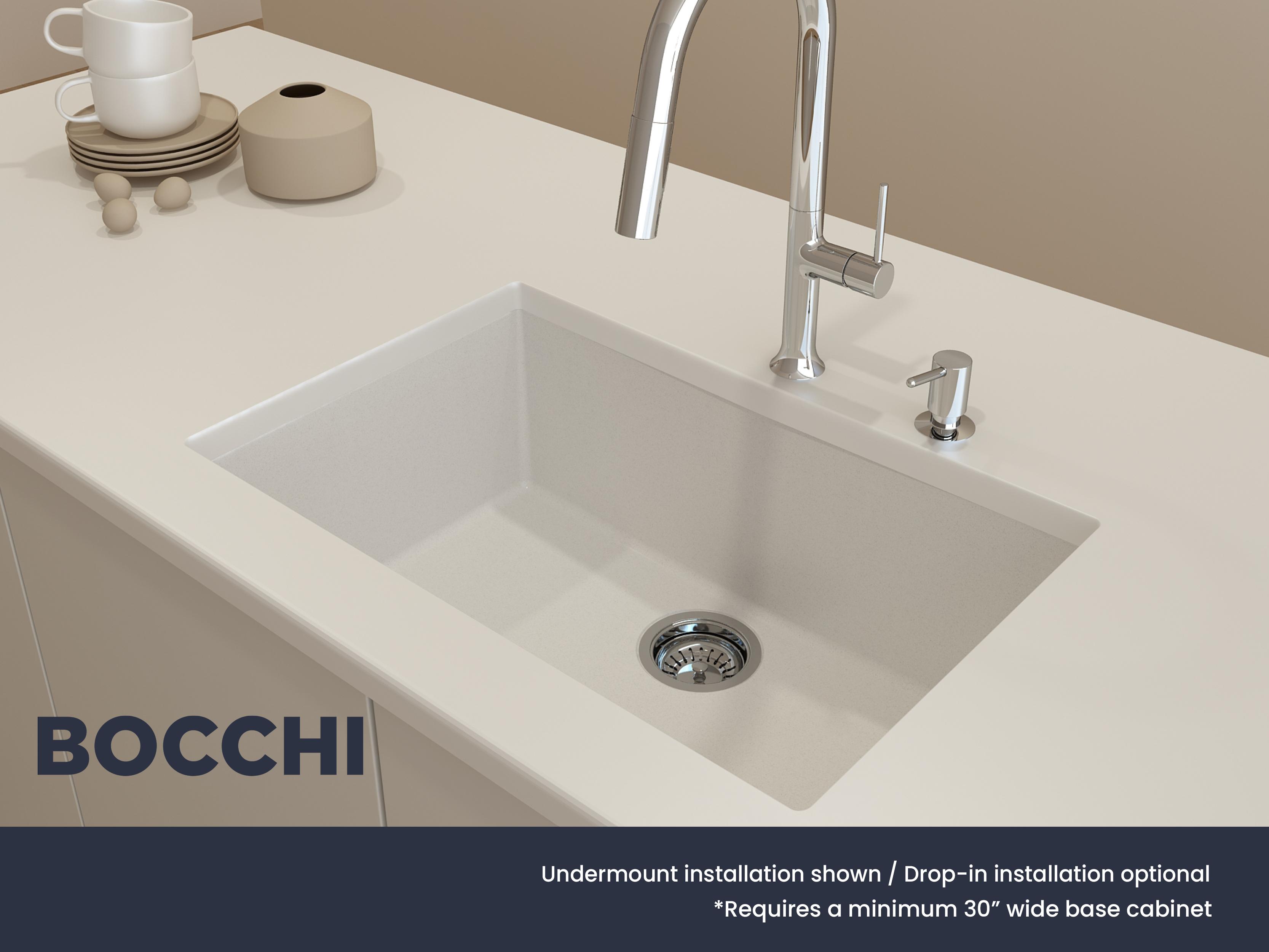 BOCCHI 1634-507-0126 Campino Uno Kitchen Sink, 1 Faucet Holes, 9.5 in H x 15-1/2 in W x 25 in L, Granite, Milk White, Import