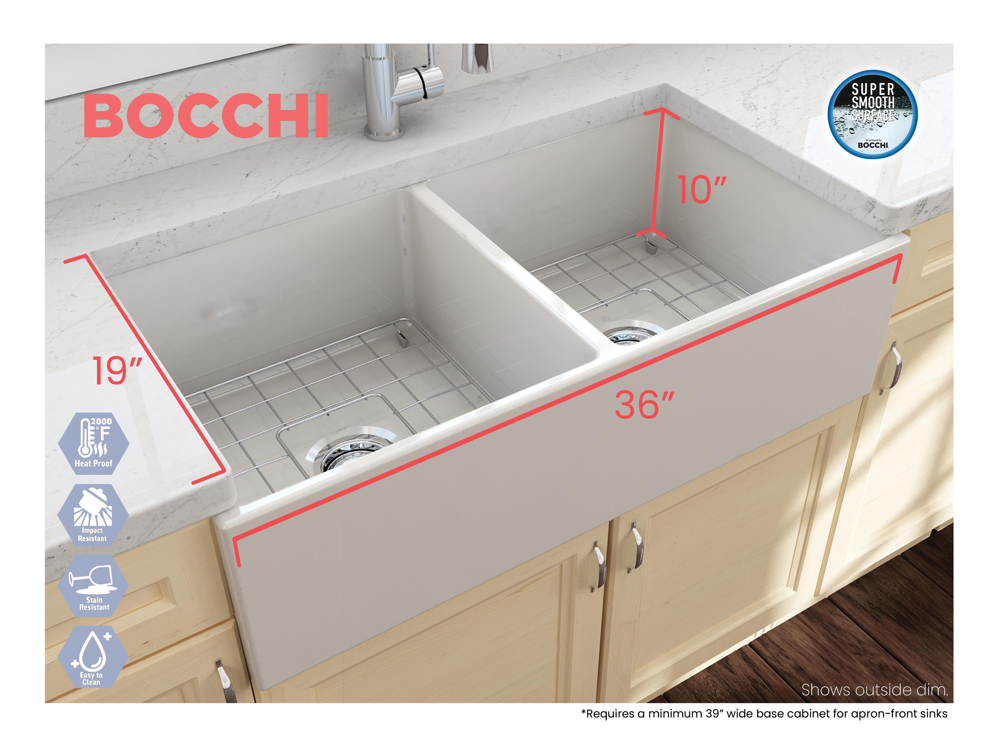 BOCCHI 1350-014-0120 Contempo Contemporary Kitchen Sink, Rectangle Shape, 10 in H x 19 in W x 36 in L, Fireclay, Biscuit, Import