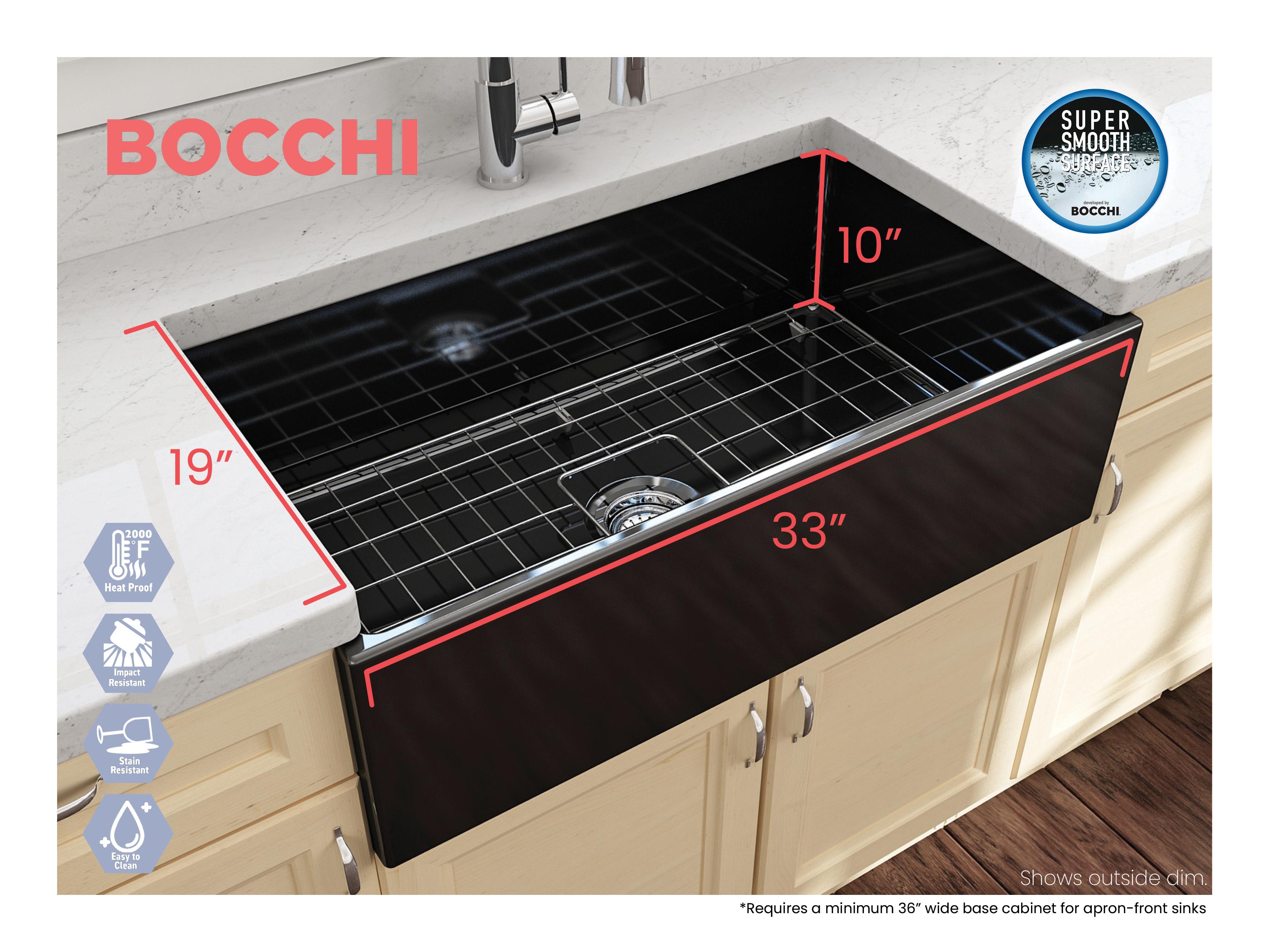 BOCCHI 1352-005-0120 Contempo Contemporary Kitchen Sink, Rectangle Shape, 10 in H x 19 in W x 33 in L, Fireclay, Black, Import