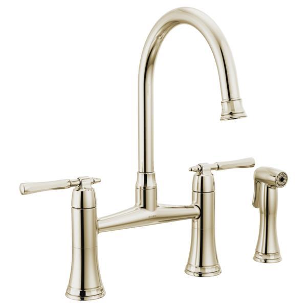Brizo® 62558LF-PN The Tulham™ Kitchen Collection by Brizo® Bridge Kitchen Faucet, 1.8 gpm Flow Rate, 8 in Center, 360 deg Swivel Spout, Polished Nickel, 2 Handles, Import