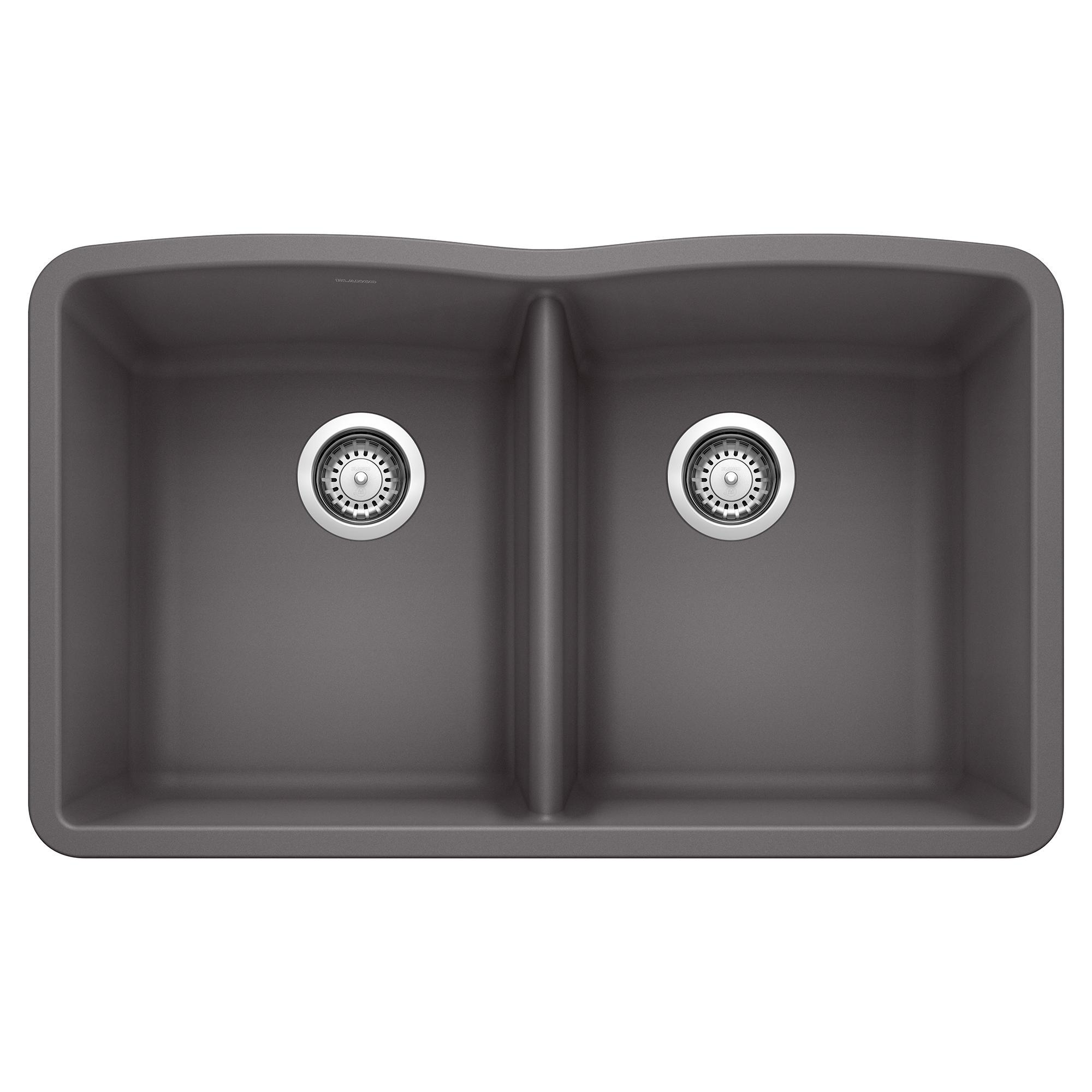 Blanco 441470 DIAMOND™ SILGRANIT® II Equal Double Bowl Composite Sink, Cinder, Rectangle Shape, 14-1/2 in Left, 14-1/2 in Right L x 17 in Left, 17 in Right W x 9-1/2 in Left, 9-1/2 in Right D Bowl, 32 in L x 19-1/4 in W, Granite