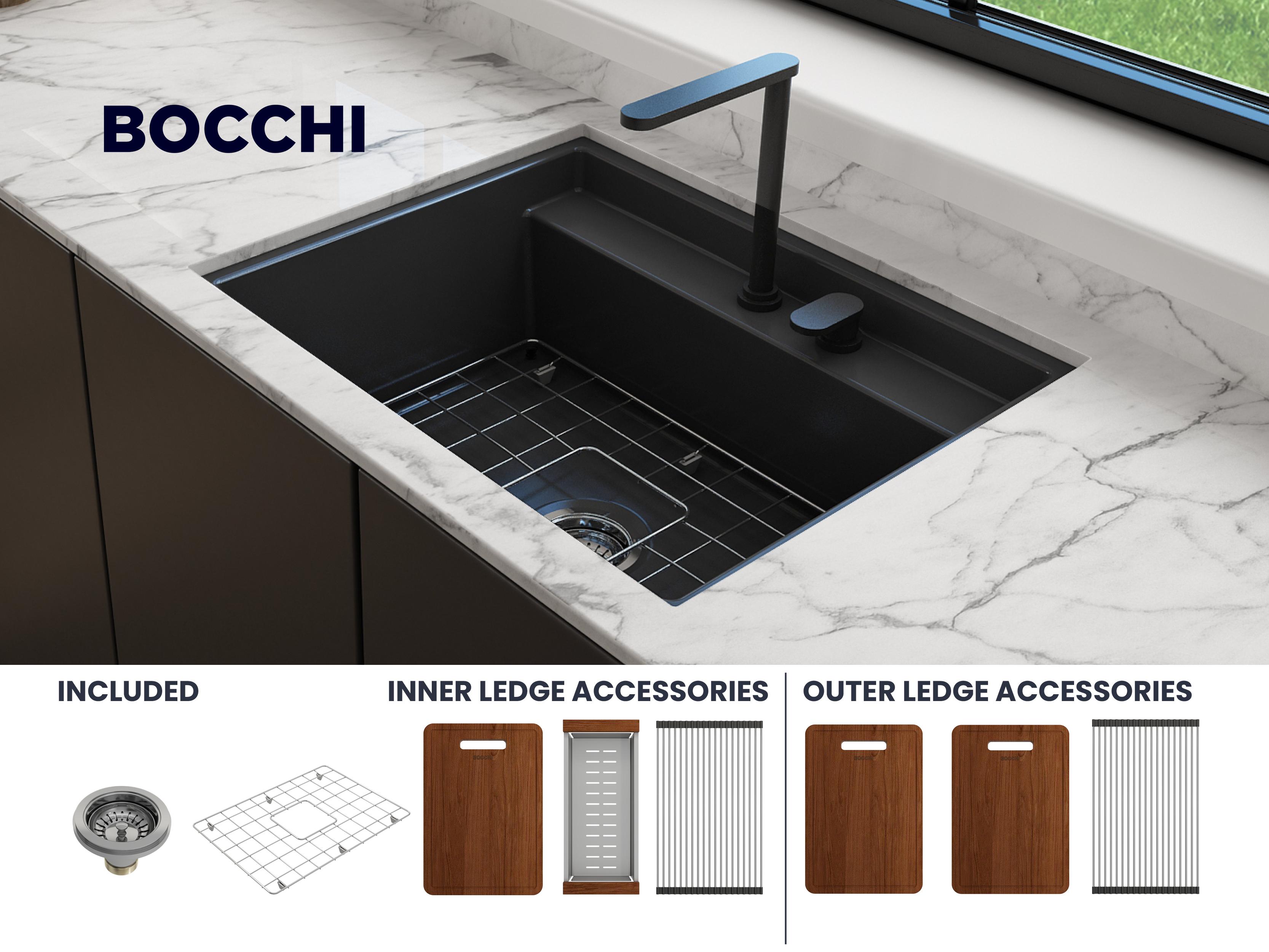 BOCCHI 1633-020-0132 Baveno Kitchen Sink, 2 Faucet Holes, 10 in H x 19 in W x 27 in L, Fireclay, Matte Dark Gray, Import