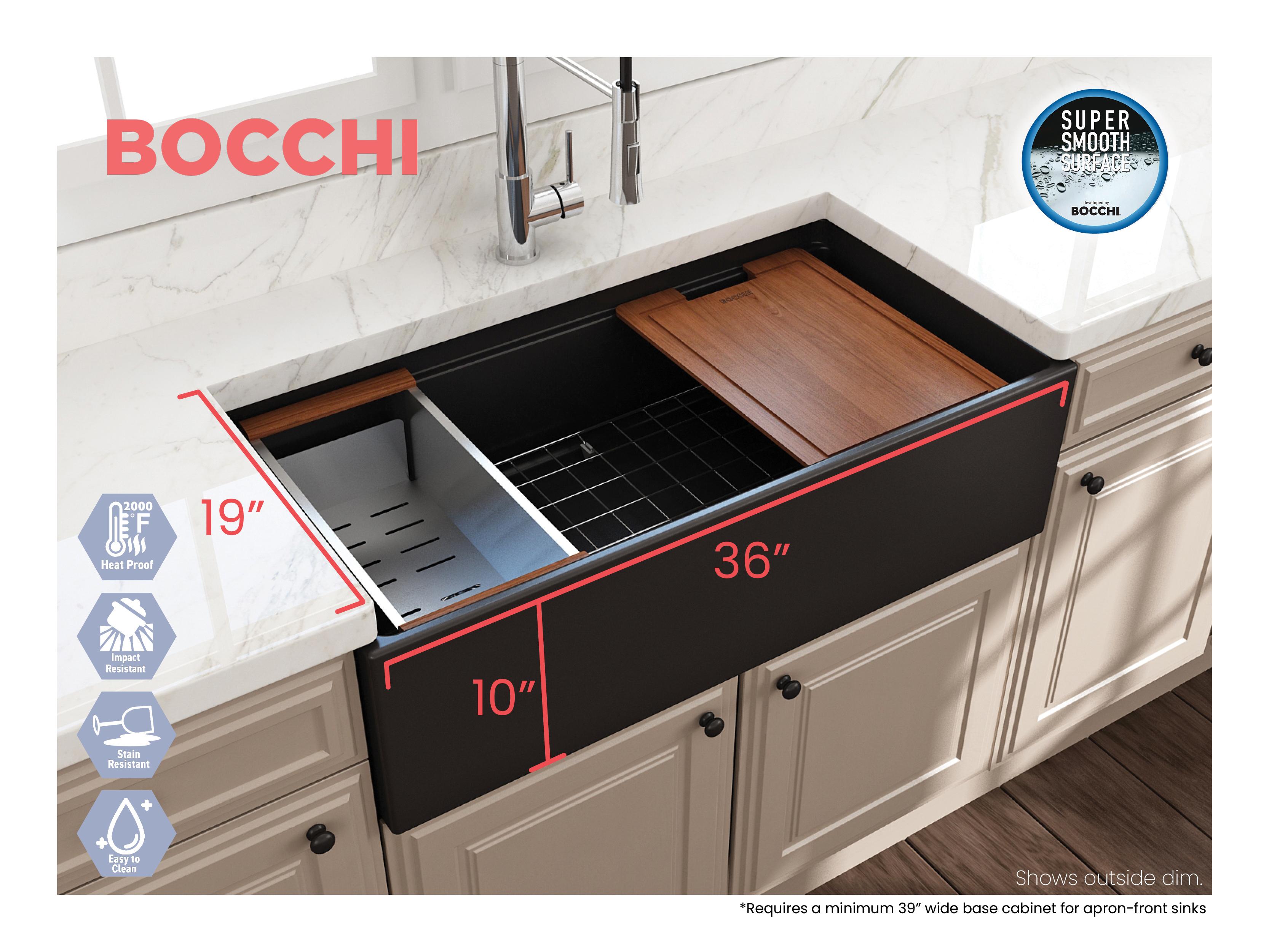 BOCCHI 1505-004-0120 Contempo Step Rim Contemporary Kitchen Sink, Rectangular Shape, 10 in H x 19 in W x 36 in L, Fireclay, Matte Black, Import