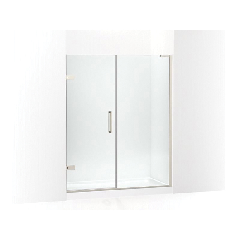 Kohler® 27618-10L-BNK Pivot Shower Door, Crystal Clear Tempered Glass, Frameless Anodized Brushed Nickel Frame, 58 to 58-3/4 in Opening Width, 3/8 in THK Glass