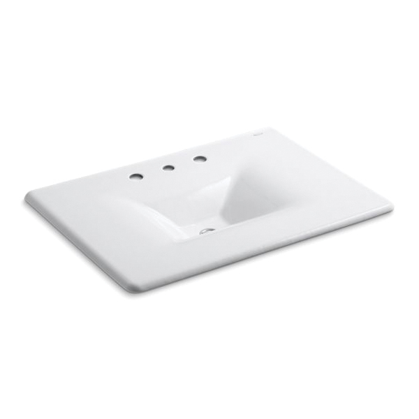Kohler® 3049-8-0 Iron/Impressions® 1-Piece Bathroom Sink, Sloped Wall Rectangular Shape, 4 in Faucet Hole Spacing, 31-5/8 in W x 22-1/4 in D x 5-15/16 in H, Vanity Top Mount, Enameled Cast Iron, White