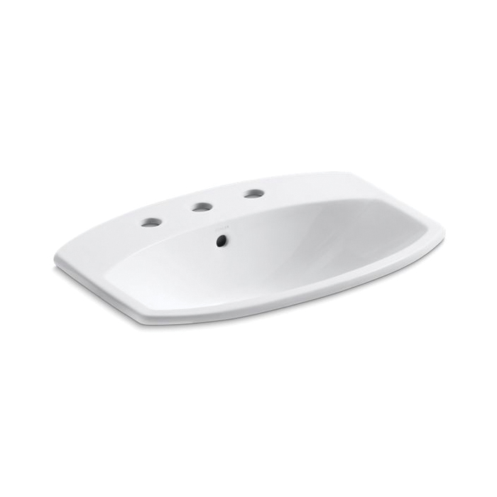Kohler® 2351-8-0 Cimarron® Self-Rimming Bathroom Sink With Overflow Drain, Arched Shape, 8 in Faucet Hole Spacing, 22-11/16 in W x 17-7/8 in D x 7-5/8 in H, Drop-In Mount, Vitreous China, White
