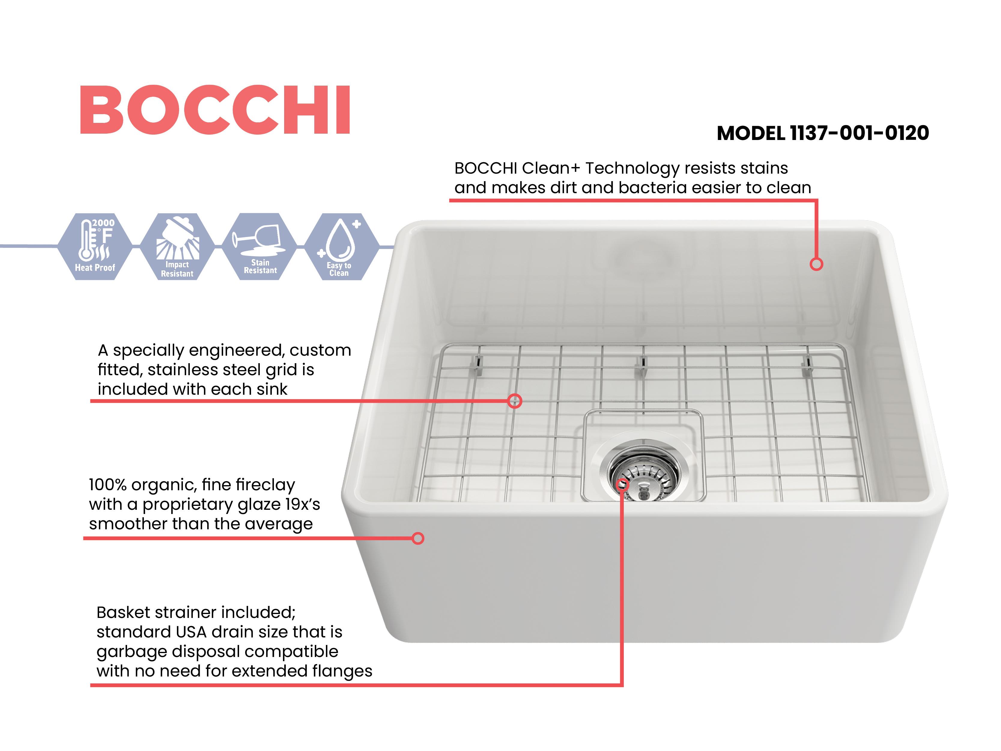 BOCCHI 1137-001-0120 Classico Traditional Kitchen Sink, Rectangle Shape, 10 in H x 18 in W x 24 in L, Fireclay, White, Import