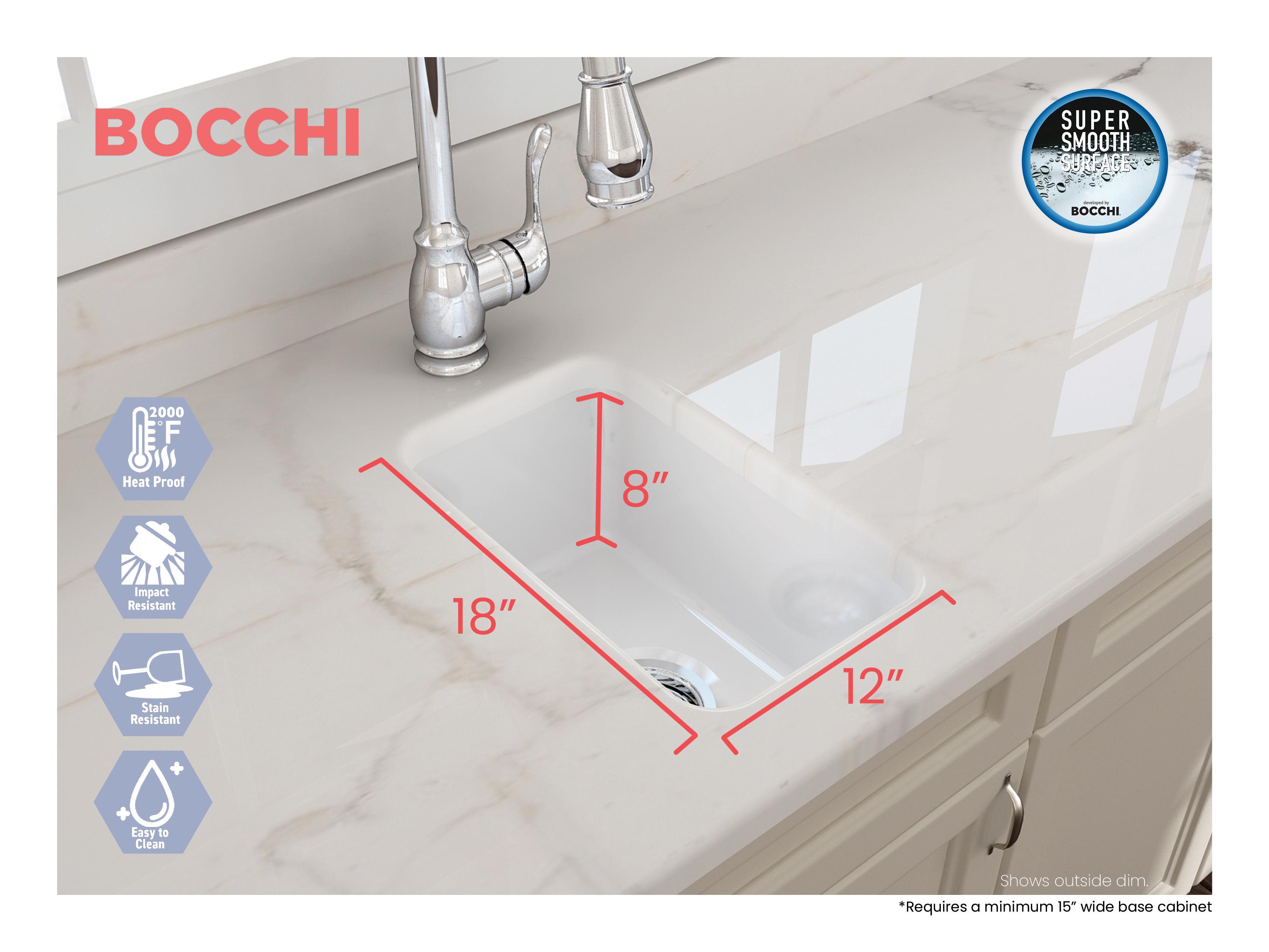 BOCCHI 1358-002-0120 Sotto Modern Bar Sink, Rectangle Shape, 8 in H x 18 in W x 12 in L, Fireclay, Matte White, Import