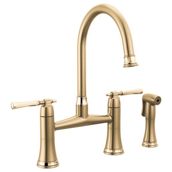 Brizo® 62558LF-GLPG The Tulham™ Kitchen Collection by Brizo® Bridge Kitchen Faucet, 1.8 gpm Flow Rate, 8 in Center, 360 deg Swivel Spout, Luxe Gold/Polished Gold, 2 Handles, Import