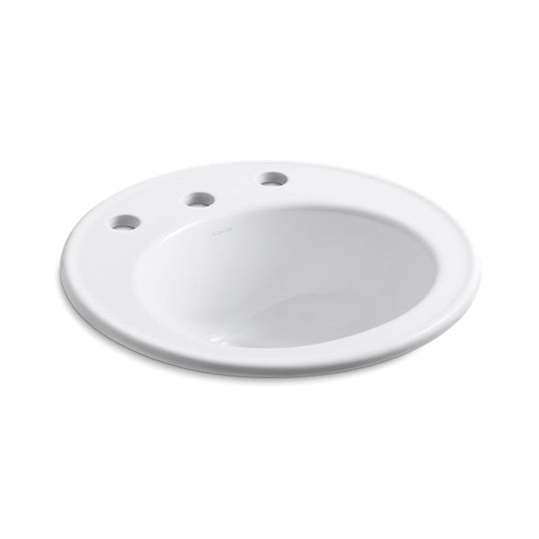 Kohler® 2202-8-0 BrookLine® Self-Rimming Bathroom Sink With Overflow Drain, Round Shape, 8 in Faucet Hole Spacing, 19 in W x 19 in D x 8-3/8 in H, Drop-In Mount, Vitreous China, White