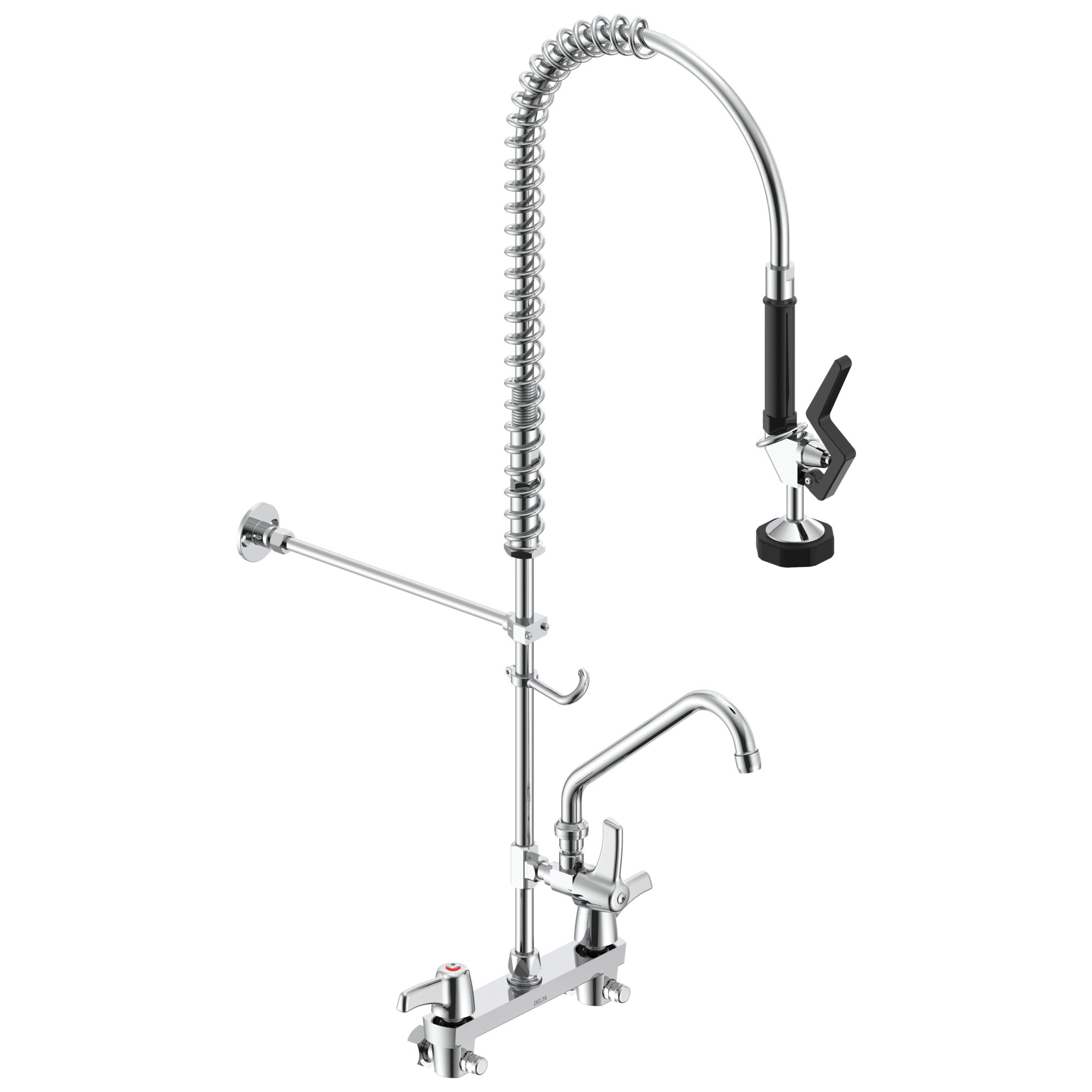 DELTA® 55C1583 Pre-Rinse Faucet, Commercial, 1.6 gpm Flow Rate, 8 in Center, Swivel Spout, Polished Chrome, 2 Handles, Import
