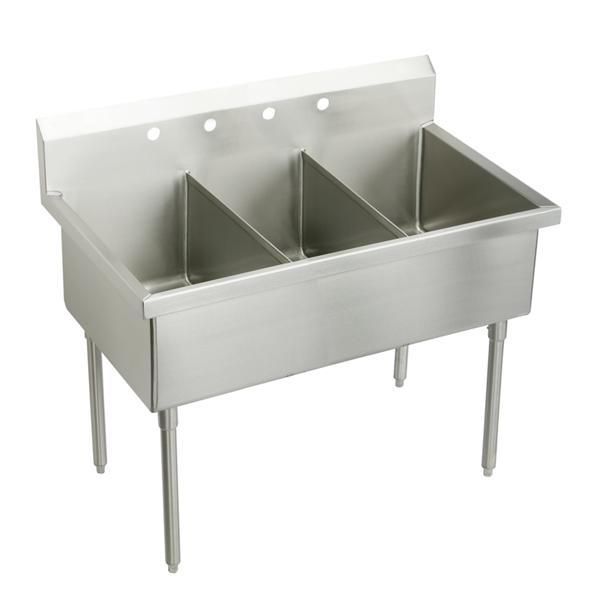 Just Manufacturing NSFB345-2-J Coved Corner Scullery Sink, 44 in H x 27-1/2 in W x 48 in L, Floor Mounting, 304 Stainless Steel, 3 Bowls, 8 in Faucet Hole Spacing, 8 in Backsplash