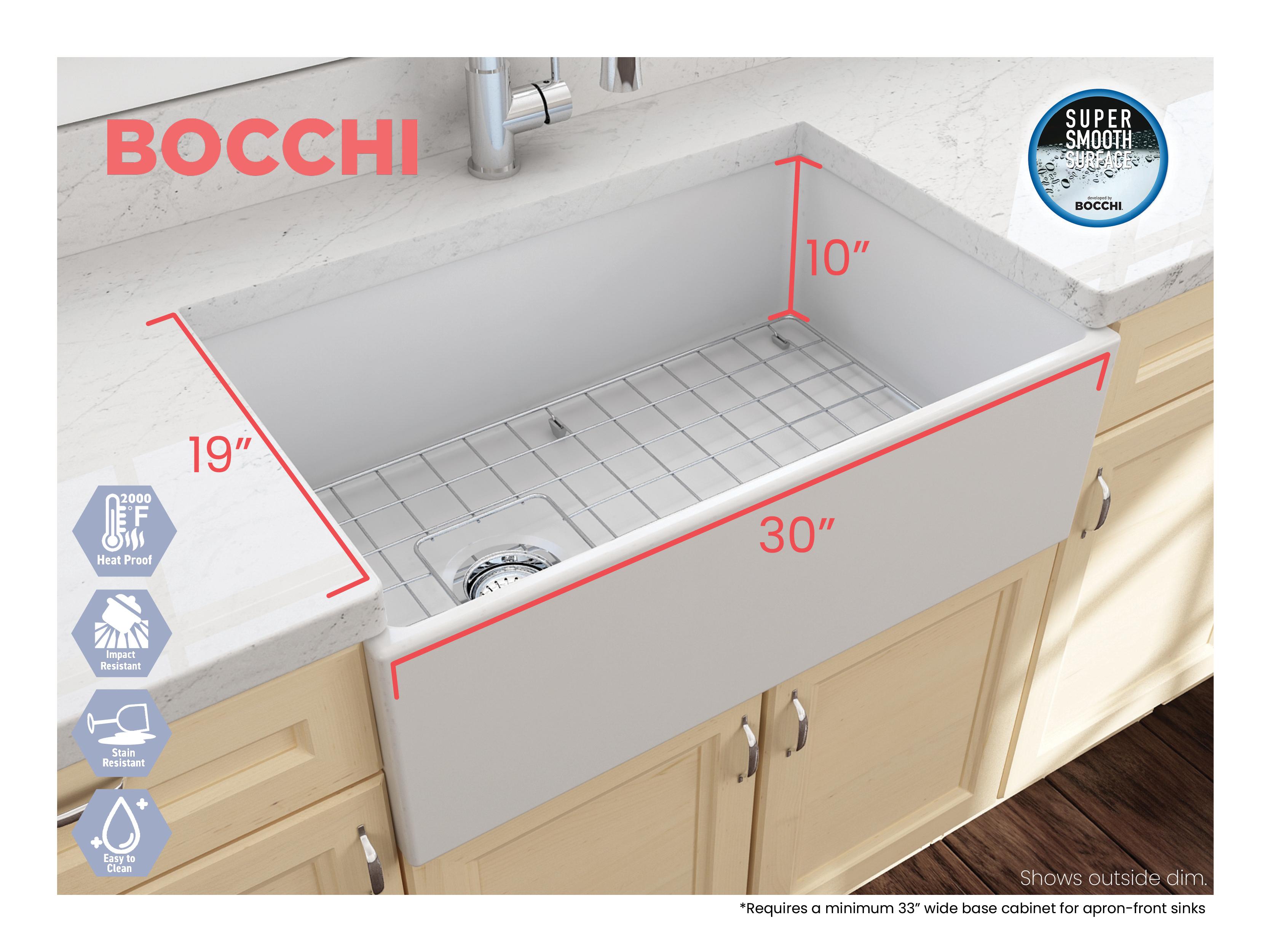 BOCCHI 1346-002-0120 Contempo Contemporary Kitchen Sink, 10 in H x 19 in W x 30 in L, Fireclay, Matte White, Import
