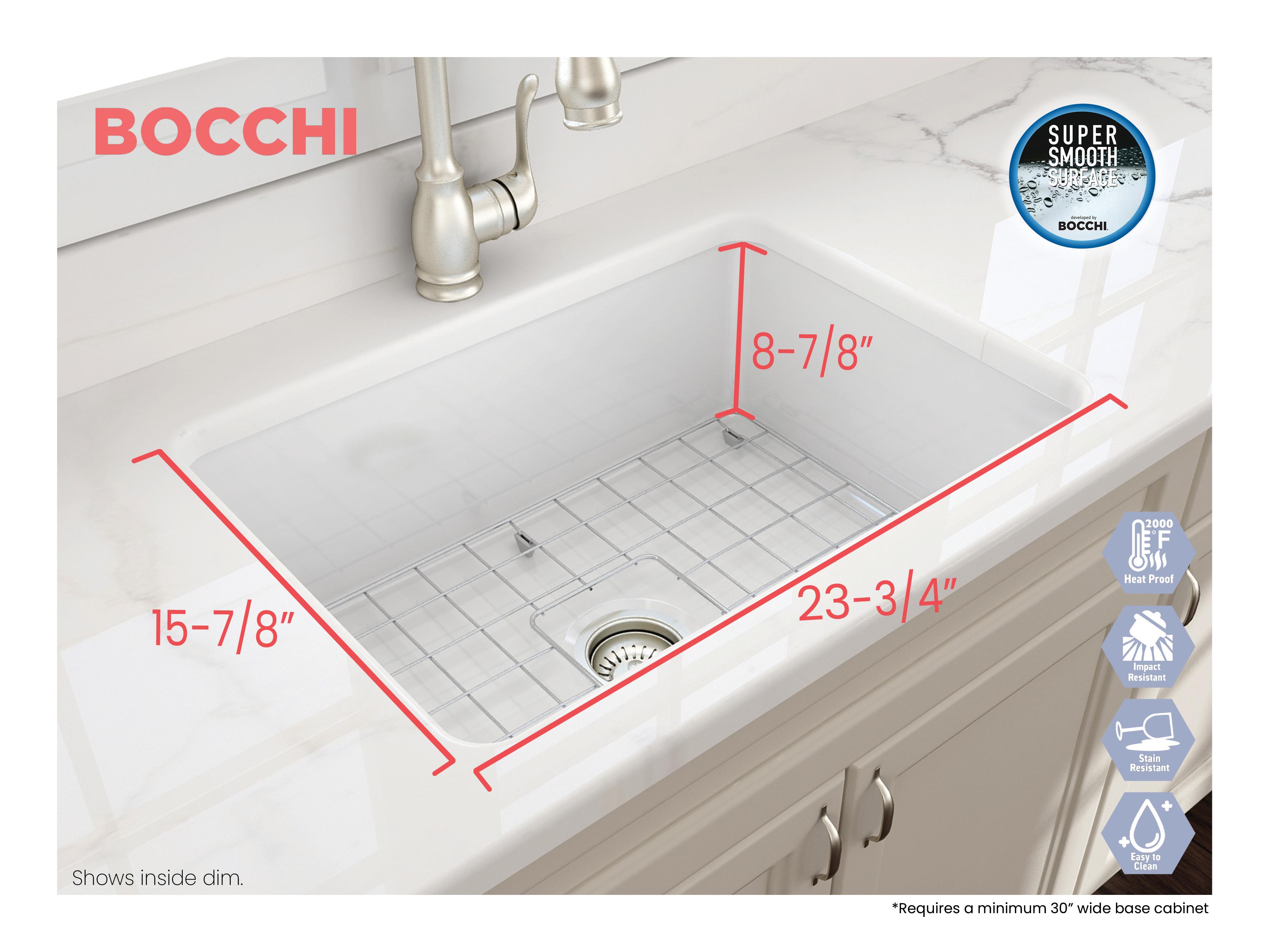 BOCCHI 1360-001-0120 Sotto Modern Kitchen Sink, Rectangle Shape, 10 in H x 19 in W x 26 3/4 in L, Fireclay, White, Import