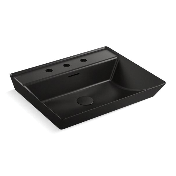 Kohler® 21059-8-HB1 Brazn™ Bathroom Sink With Overflow and Widespread Faucet Holes, Rectangular Shape, 8 in Faucet Hole Spacing, 23 in L x 19 in W x 7-3/16 in H, Above-Counter Mount, Vitreous China, Honed Black