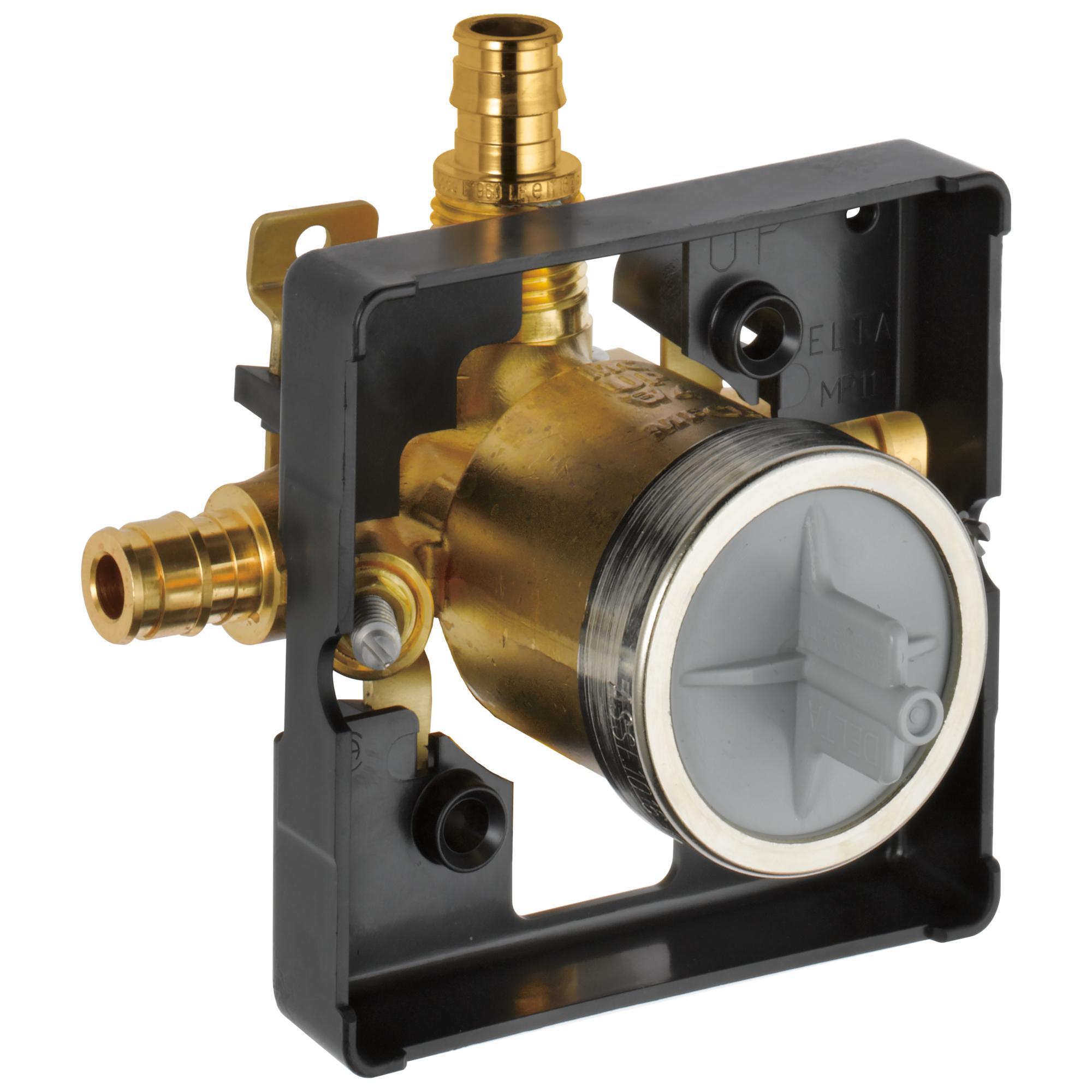 DELTA® R10000-PFS-PXWS MultiChoice® Universal Prefab Shower Rough-In Valve Body, 1/2 in PEX Crimp Inlet x 1/2 in PEX Crimp Outlet, Forged Brass Body, Domestic