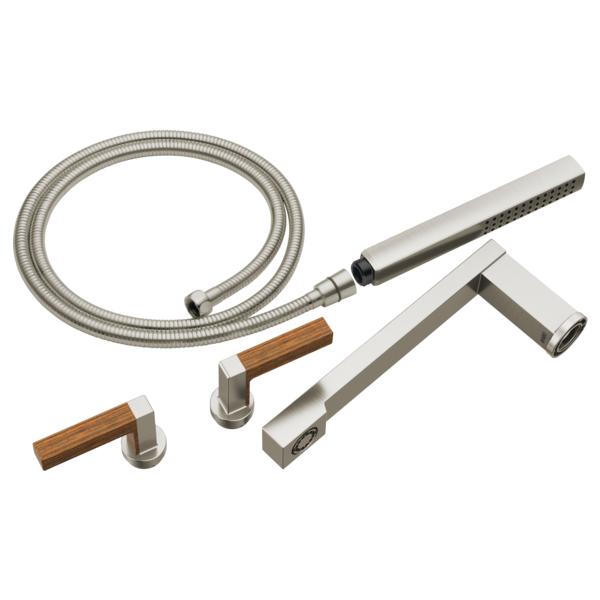 Brizo® T70322-NKTK Frank Lloyd Wright® Tub Filler Trim Kit, 1.75 gpm Handshower/10 gpm Spout Flow Rate, 8 in Center, Luxe Nickel/Teak Wood, 3 Handles, Import, Commercial/Residential