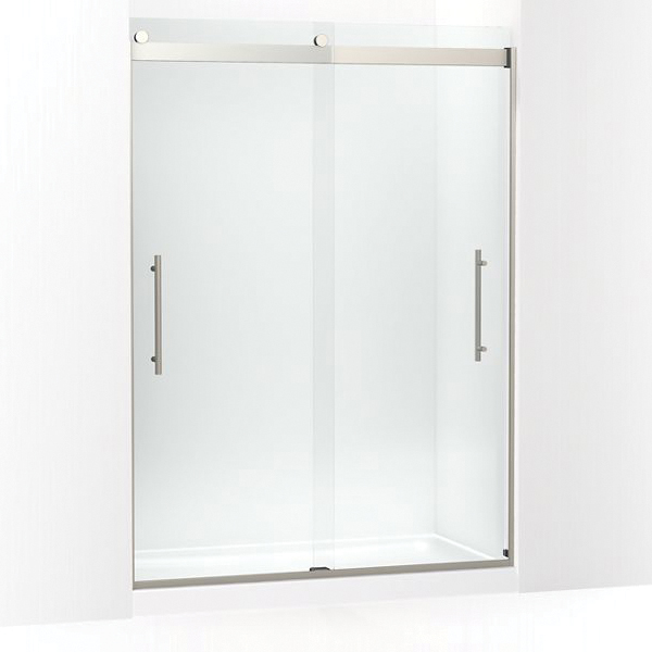 Kohler® 702429-L-BNK Levity™ Plus Sliding Shower Door, Frameless Frame, Crystal Clear Tempered Glass, Crystal Clear Glass with Anodized Brushed Nickel Frame, 3/8 in THK Glass, 56-5/8 to 59-5/8 in W Opening