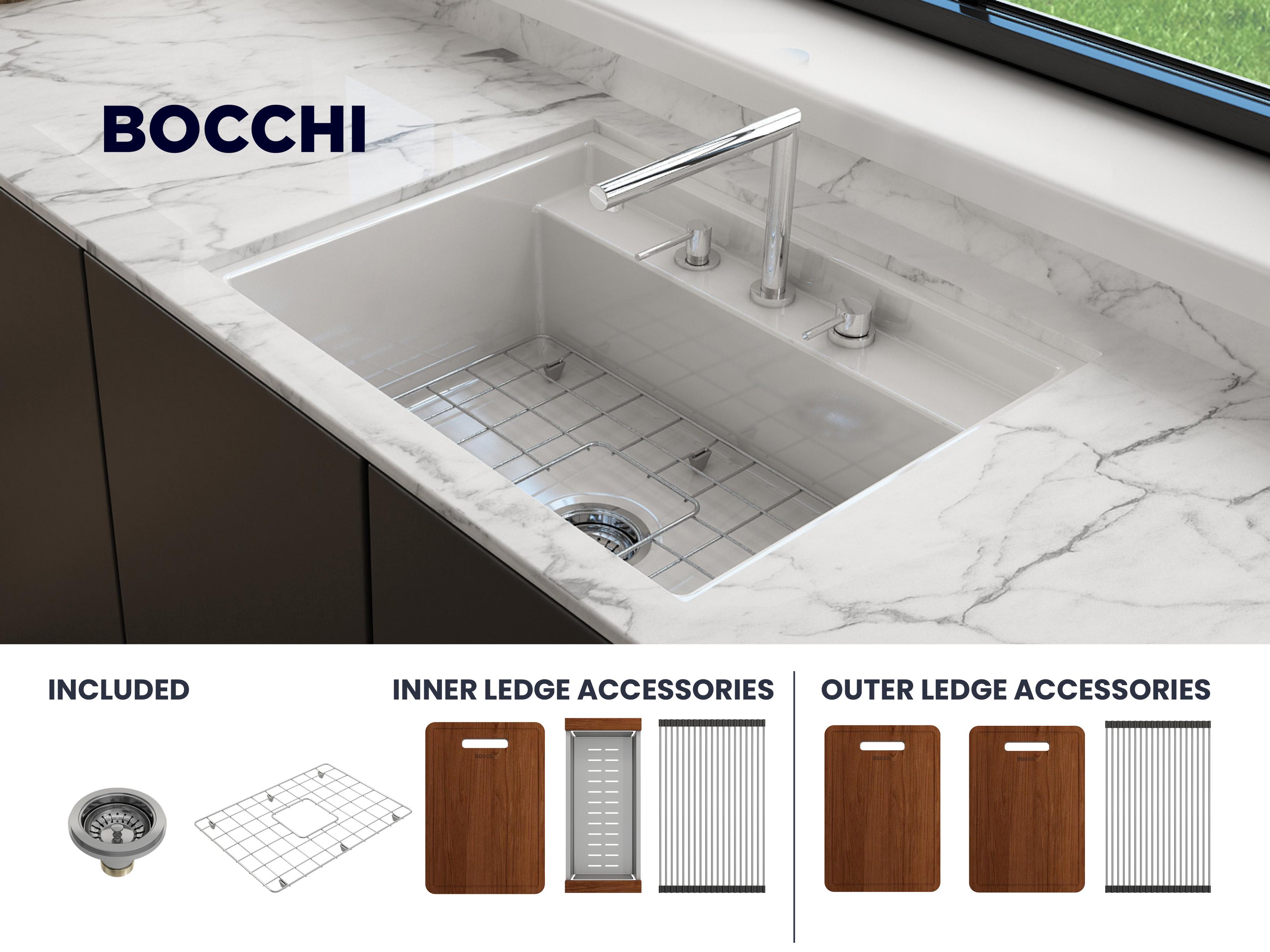 BOCCHI 1633-001-0127 Baveno Kitchen Sink, 3 Faucet Holes, 10 in H x 19 in W x 27 in L, Fireclay, White, Import