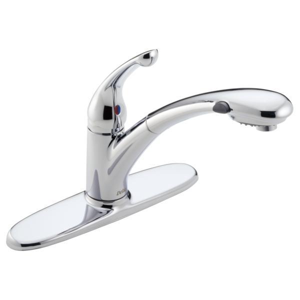 DELTA® 470-WE-DST Signature™ Kitchen Faucet, 1.5 gpm Flow Rate, Swivel Spout, Polished Chrome, 1 Handles, 3 Faucet Holes