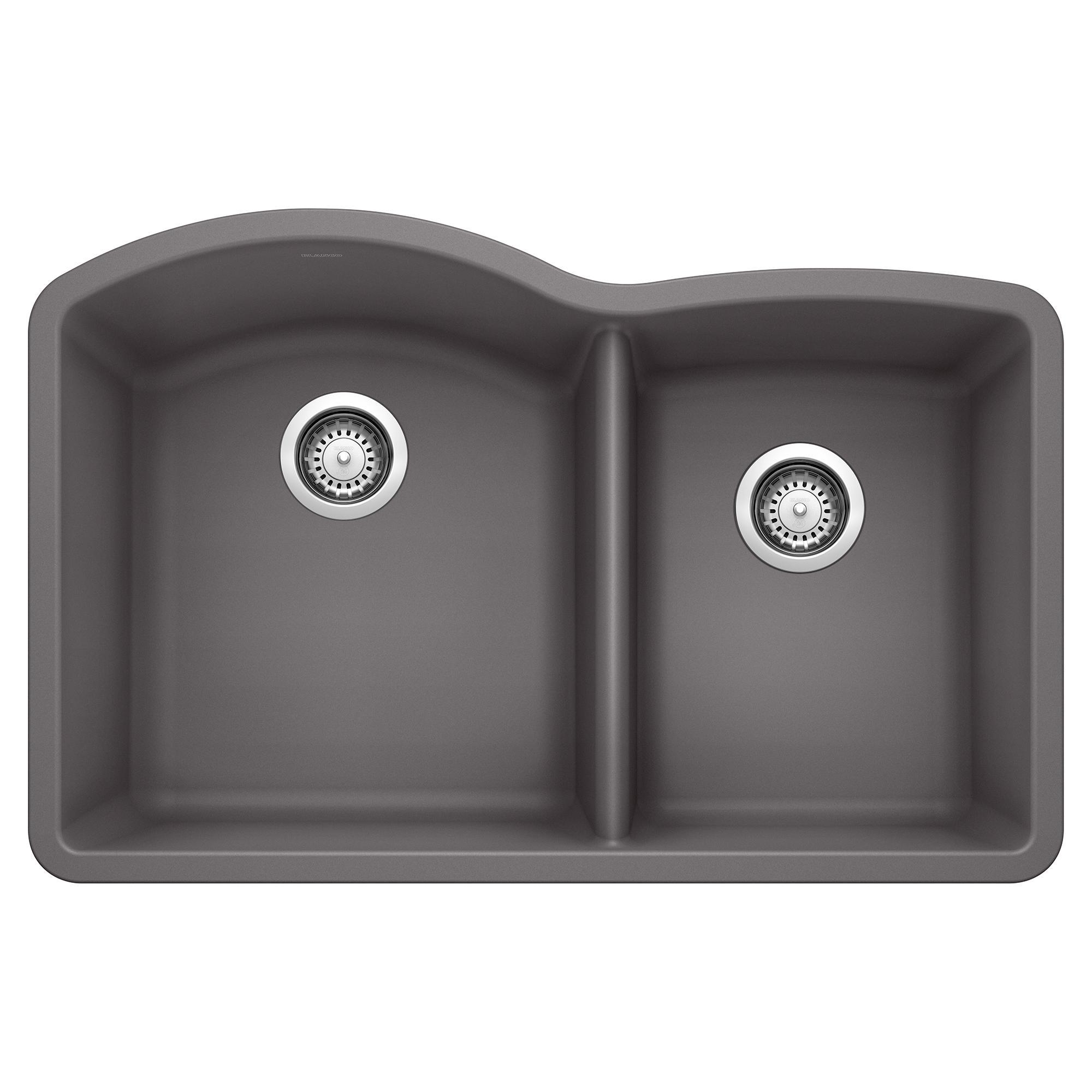 Blanco 441469 DIAMOND™ SILGRANIT® II Kitchen Sink, Cinder, D-Shaped Shape, 16-1/2 in Left, 12-1/2 in Right L x 18-19/32 in Left, 16-13/16 in Right W x 9-1/2 in Left, 8 in Right D Bowl, 32 in L x 20-27/32 in W, Solid Granite