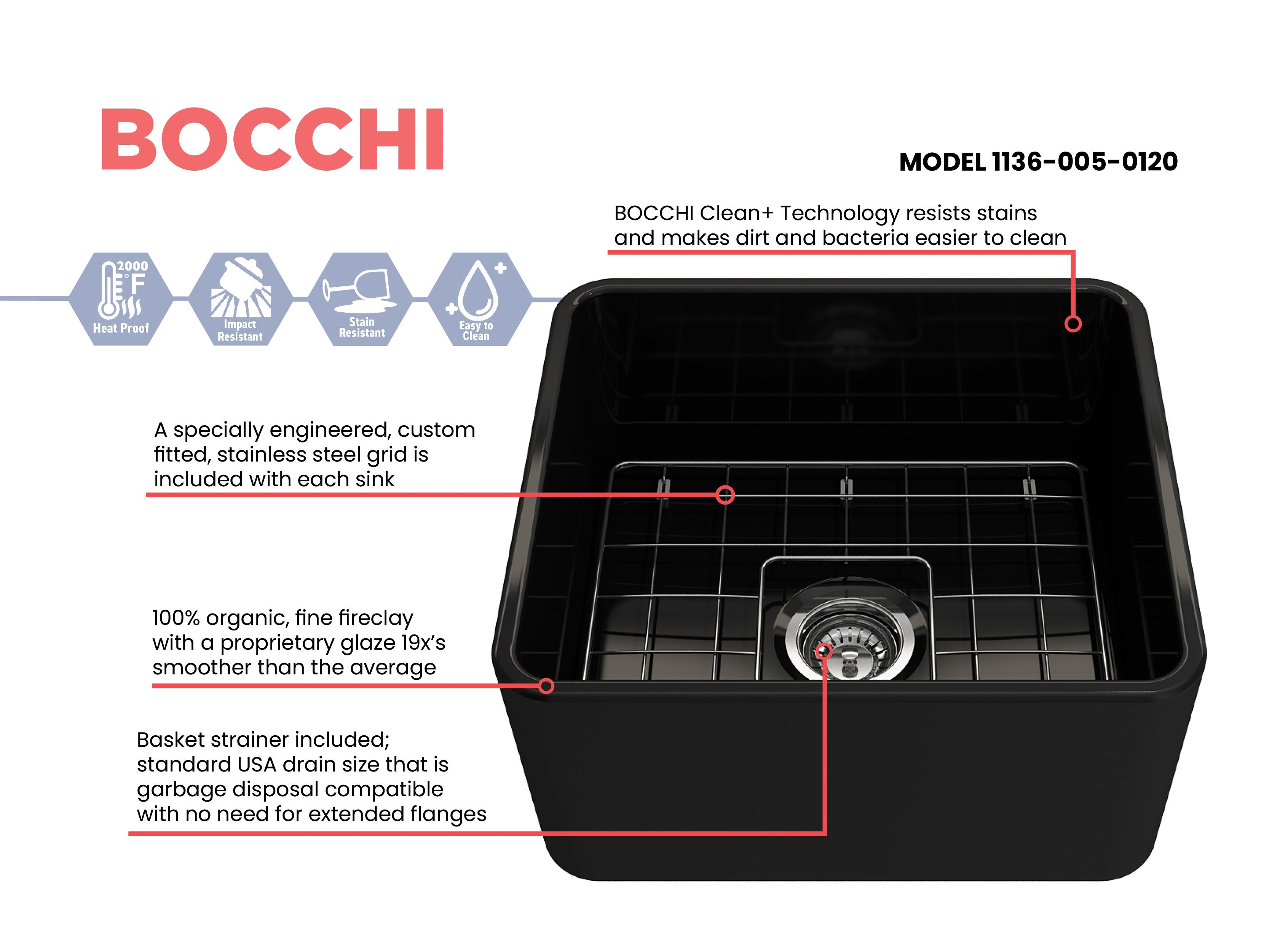 BOCCHI 1136-005-0120 Classico Traditional Kitchen Sink, Rectangle Shape, 10 in H x 18 in W x 20 in L, Fireclay, Black, Import