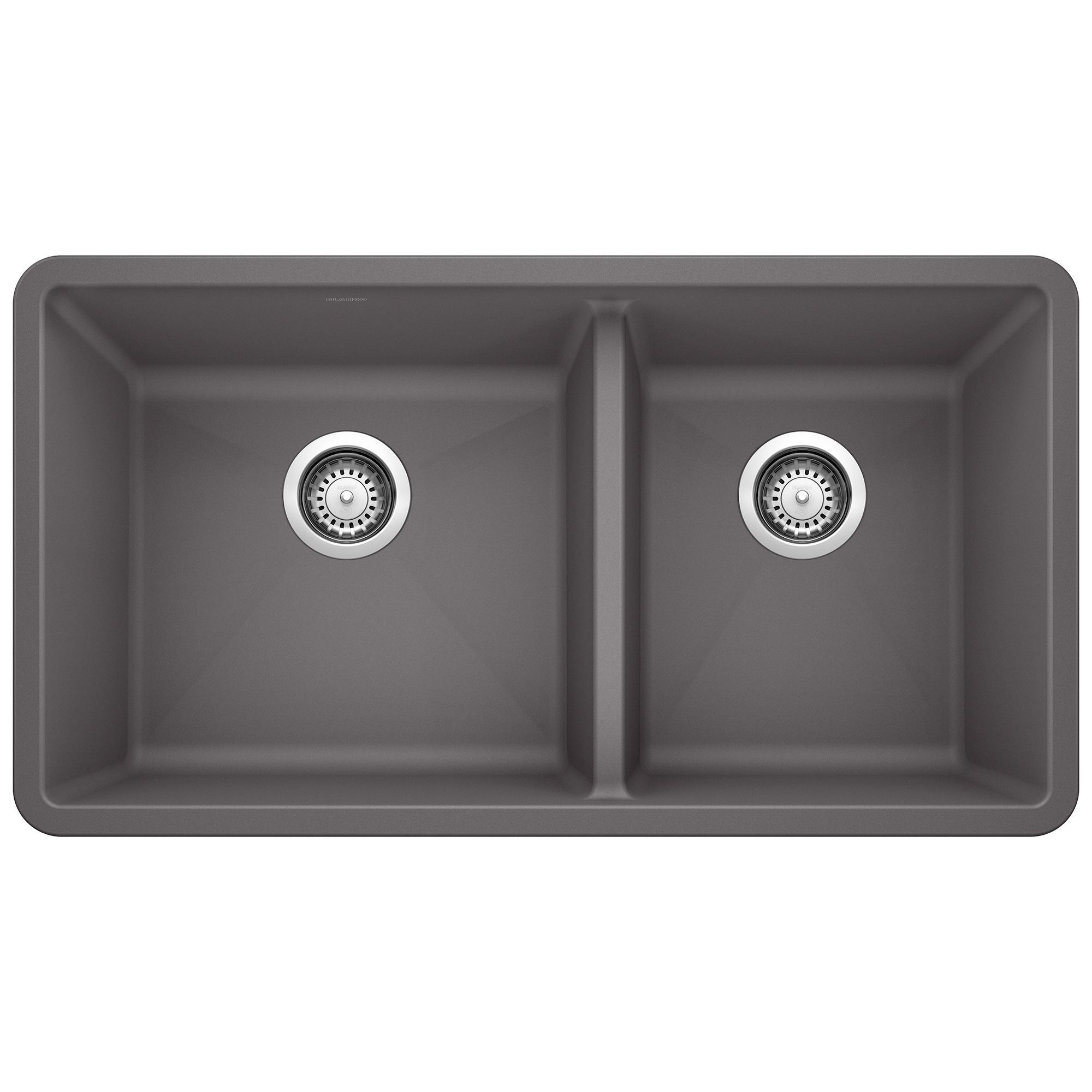 Blanco 441479 PRECIS™ SILGRANIT® II 1-3/4 Bowl Composite Sink, Cinder, Rectangle Shape, 17 in Left, 13 in Right L x 16 in Left, 16 in Right W x 9-1/2 in Left, 9-1/2 in Right D Bowl, 33 in L x 18 in W, Granite