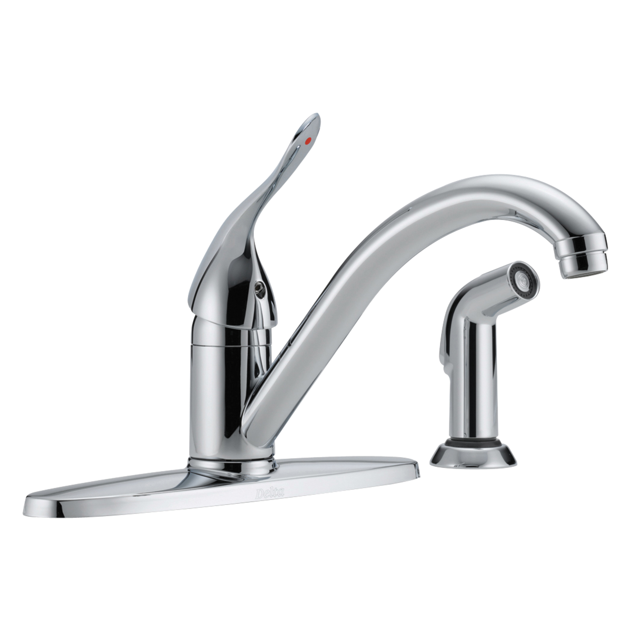 DELTA® 400LF-HDF HDF® Kitchen Faucet, Commercial, 1.8 gpm Flow Rate, 8 in Center, 180 deg Long Swivel Spout, Polished Chrome, 1 Handles, Import