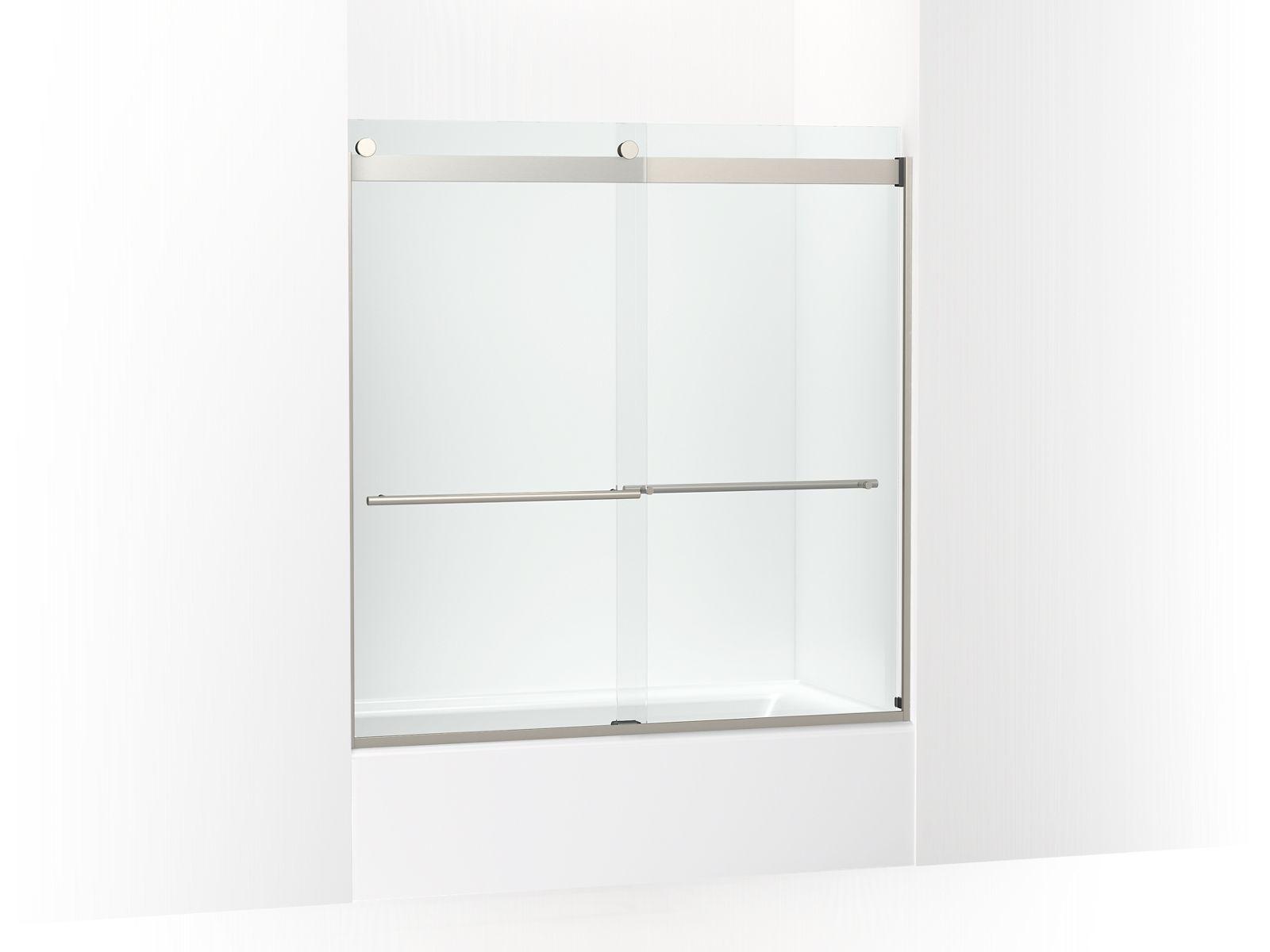 Kohler® 702426-L-BNK 702426-L Levity® Plus Sliding Door, Frameless Frame, Crystal Clear Tempered Glass, Anodized Brushed Nickel, 3/8 in THK Glass, 55-9/16 in H Opening, 56-5/8 to 59-5/8 in W Opening