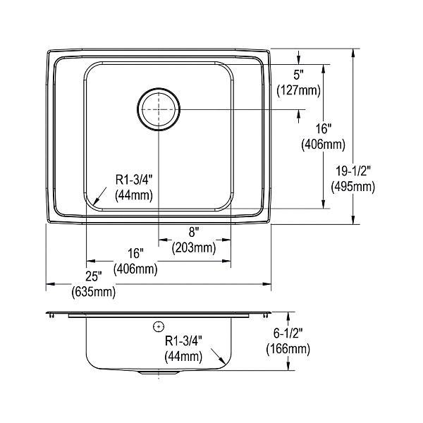 Just Manufacturing CRAFADA1923A65RLM-J LR Faucet Deck and Overflow Classroom ADA Sink, Rectangular Shape, 6-1/2 in H x 19-1/2 in W x 23 in L, Drop-In Mounting, 304 Stainless Steel, Lustrous Satin, Domestic