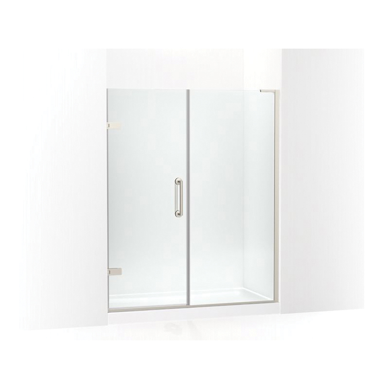 Kohler® 27619-10L-BNK Pivot Shower Door, Crystal Clear Tempered Glass, Frameless Anodized Brushed Nickel Frame, 58 to 58-3/4 in Opening Width, 3/8 in THK Glass