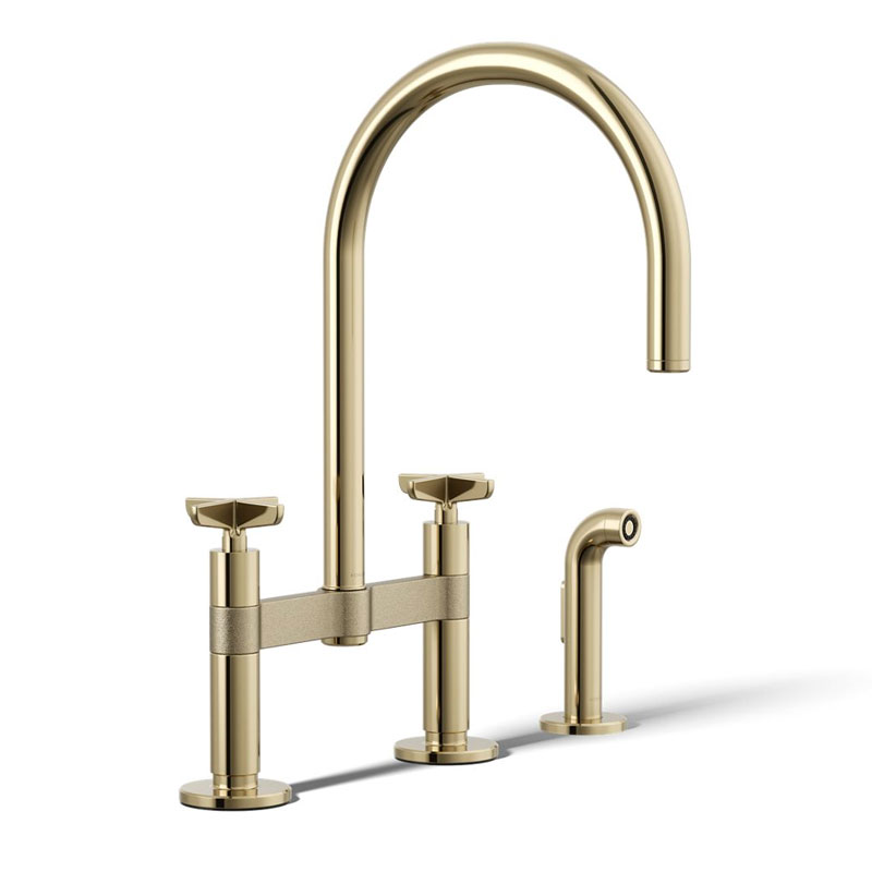 Kohler® 28673-3-AF 28673-3 Billet™ Contemporary Kitchen Faucet, Residential, 1.5 gpm Flow Rate, 4 in Center, High-Arc Spout, Vibrant French Gold, 2 Handles, Yes