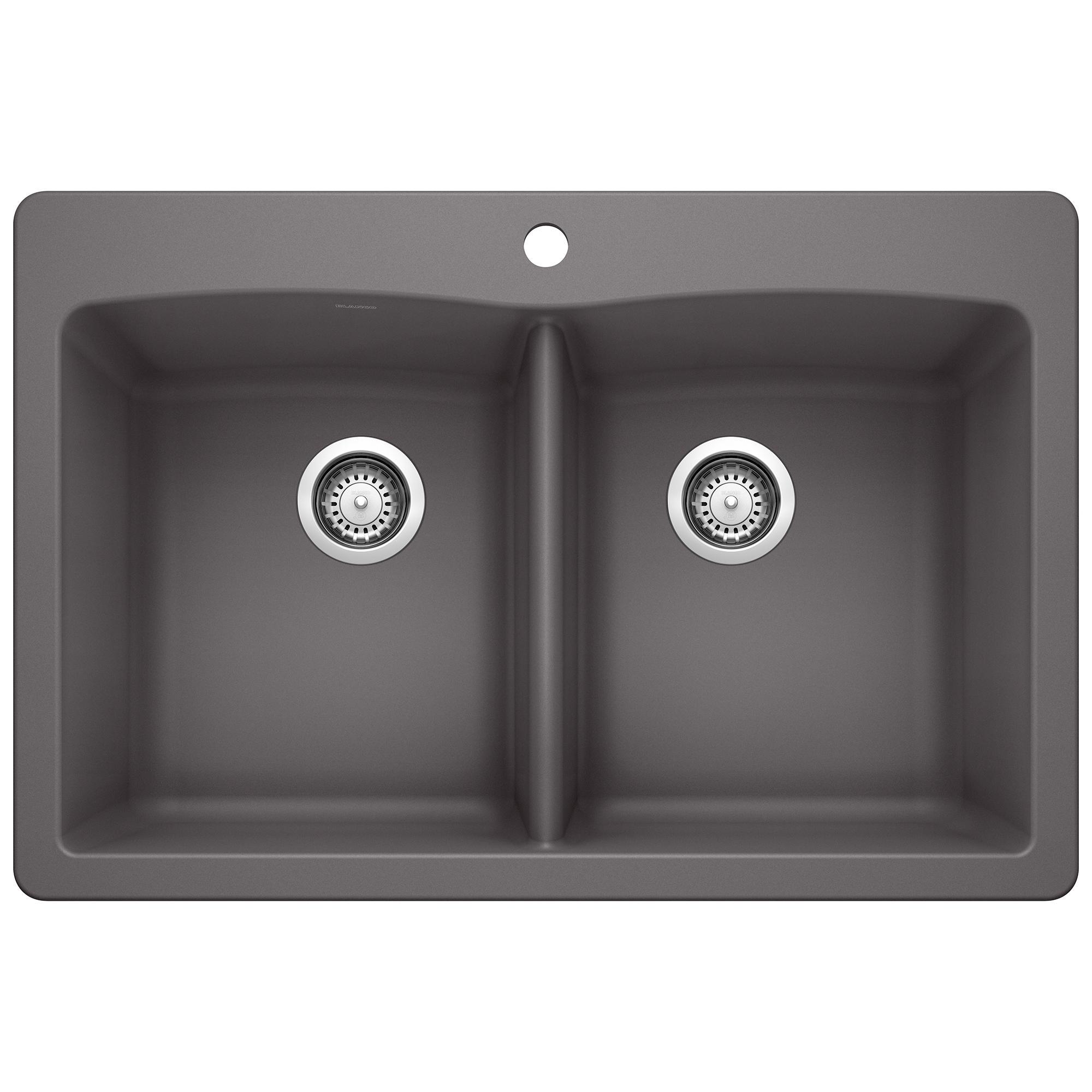 Blanco 441466 DIAMOND™ SILGRANIT® Equal Double Bowl Dual Mount Kitchen Sink With Ledge, DIAMOND™ SILGRANIT®, Rectangle Shape, 1 Faucet Holes, 33 in W x 22 in H, Granite, Cinder, Import