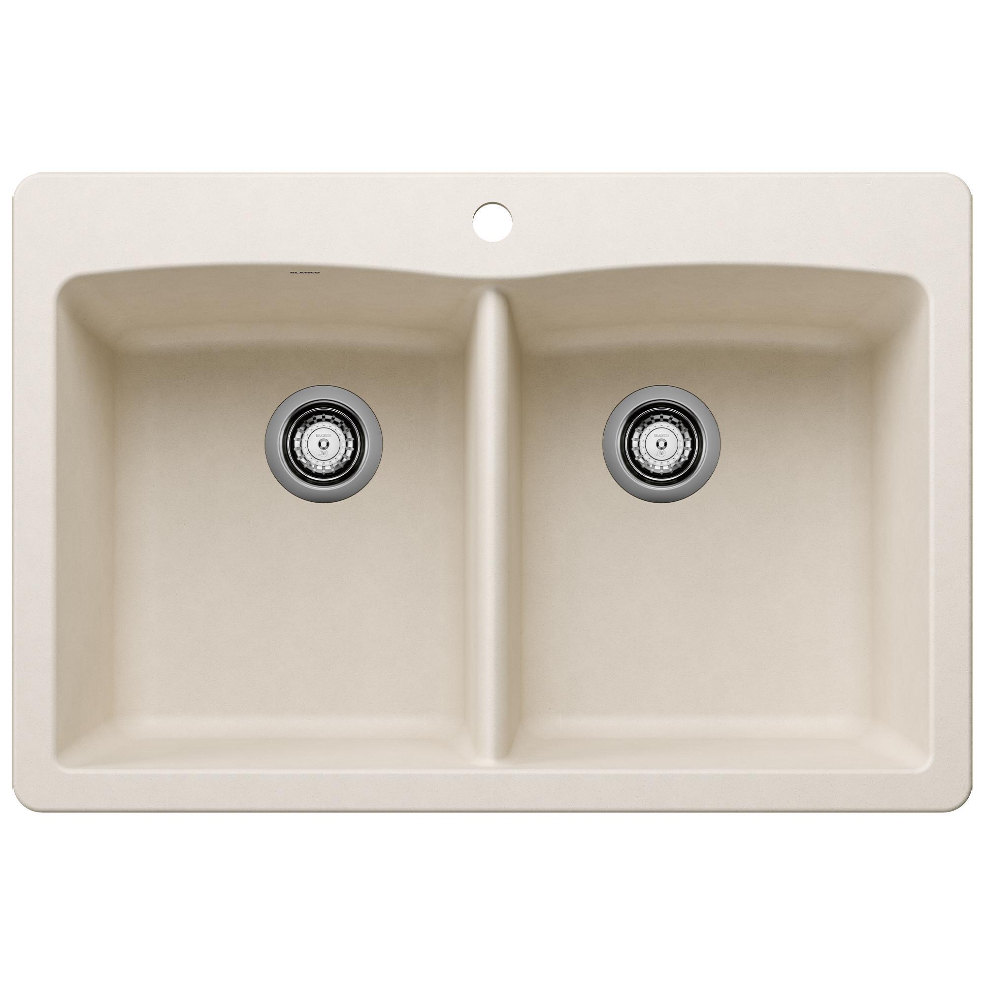 Blanco 443067 DIAMOND EQUAL SILGRANIT Double Dual Mount Sink, Rectangle Shape, 1 Faucet Holes, 10 in H x 33 in W x 22 in D, Granite, Soft White, Import