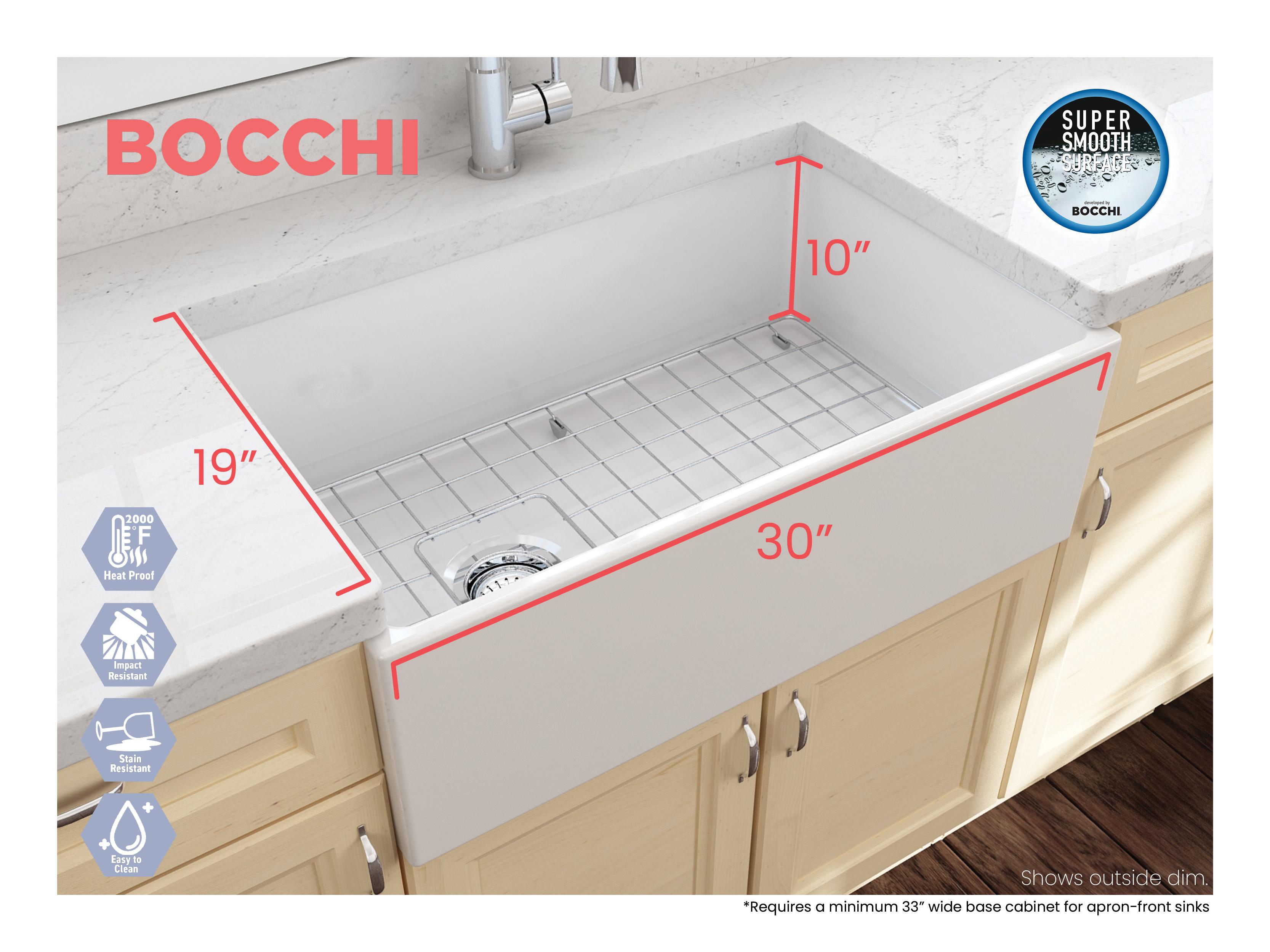 BOCCHI 1346-001-0120 Contempo Contemporary Kitchen Sink, 10 in H x 19 in W x 30 in L, Fireclay, White, Import