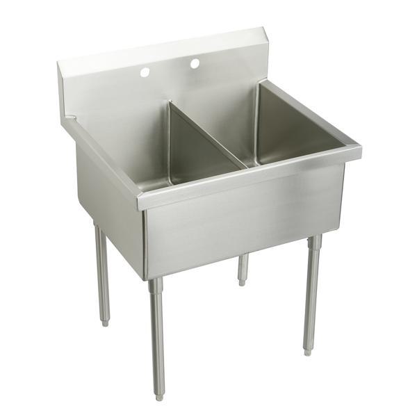 Just Manufacturing NSFB230-2-J Coved Corner Scullery Sink, 44 in H x 27-1/2 in W x 33 in L, Floor Mounting, 304 Stainless Steel, 2 Bowls, 8 in Faucet Hole Spacing, 8 in Backsplash
