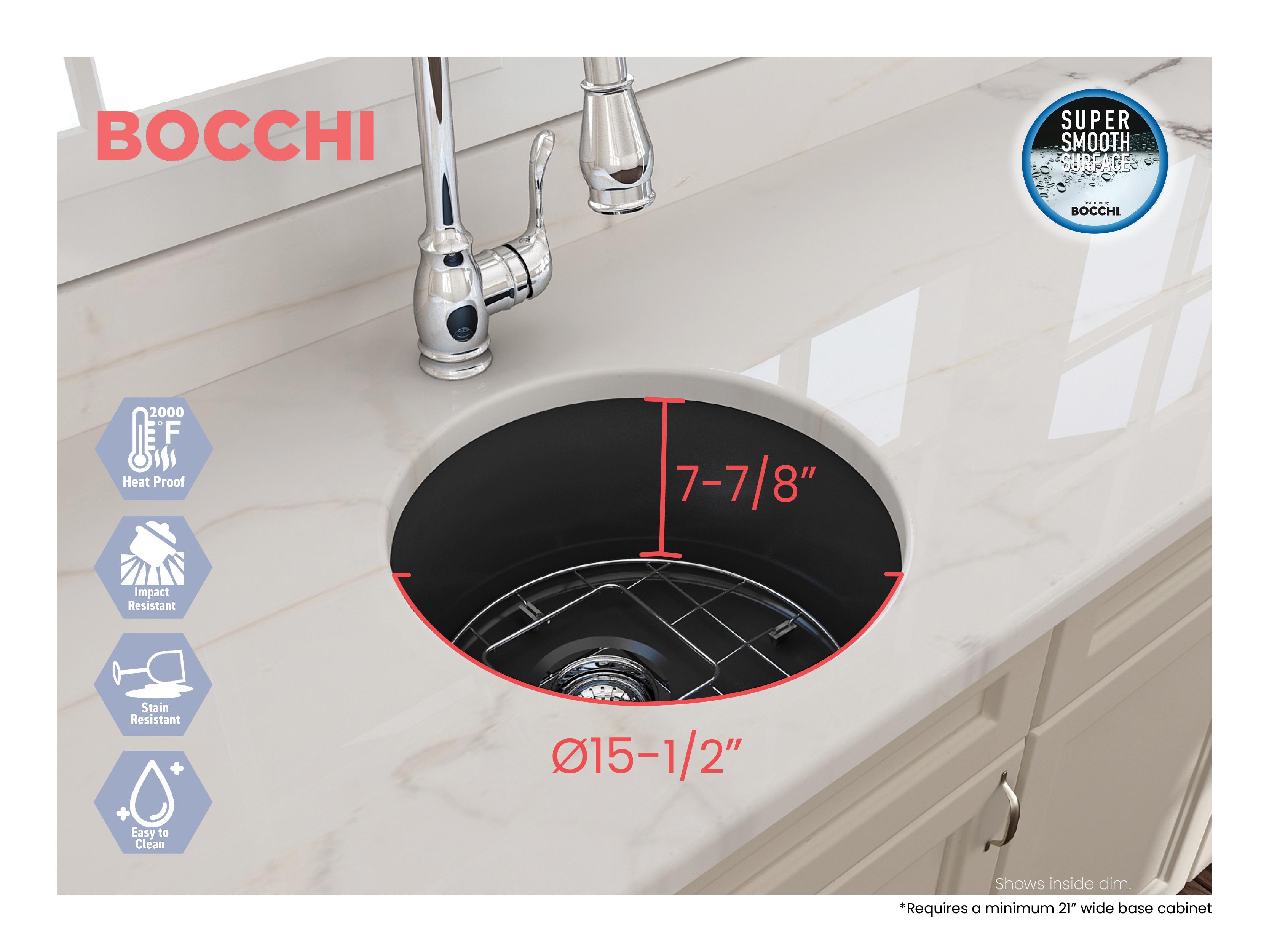 BOCCHI 1361-020-0120 Sotto Modern Bar Sink, Round Shape, 9 in H x 18 1/2 in W x 18 1/2 in L, Fireclay, Matte Dark Gray, Import