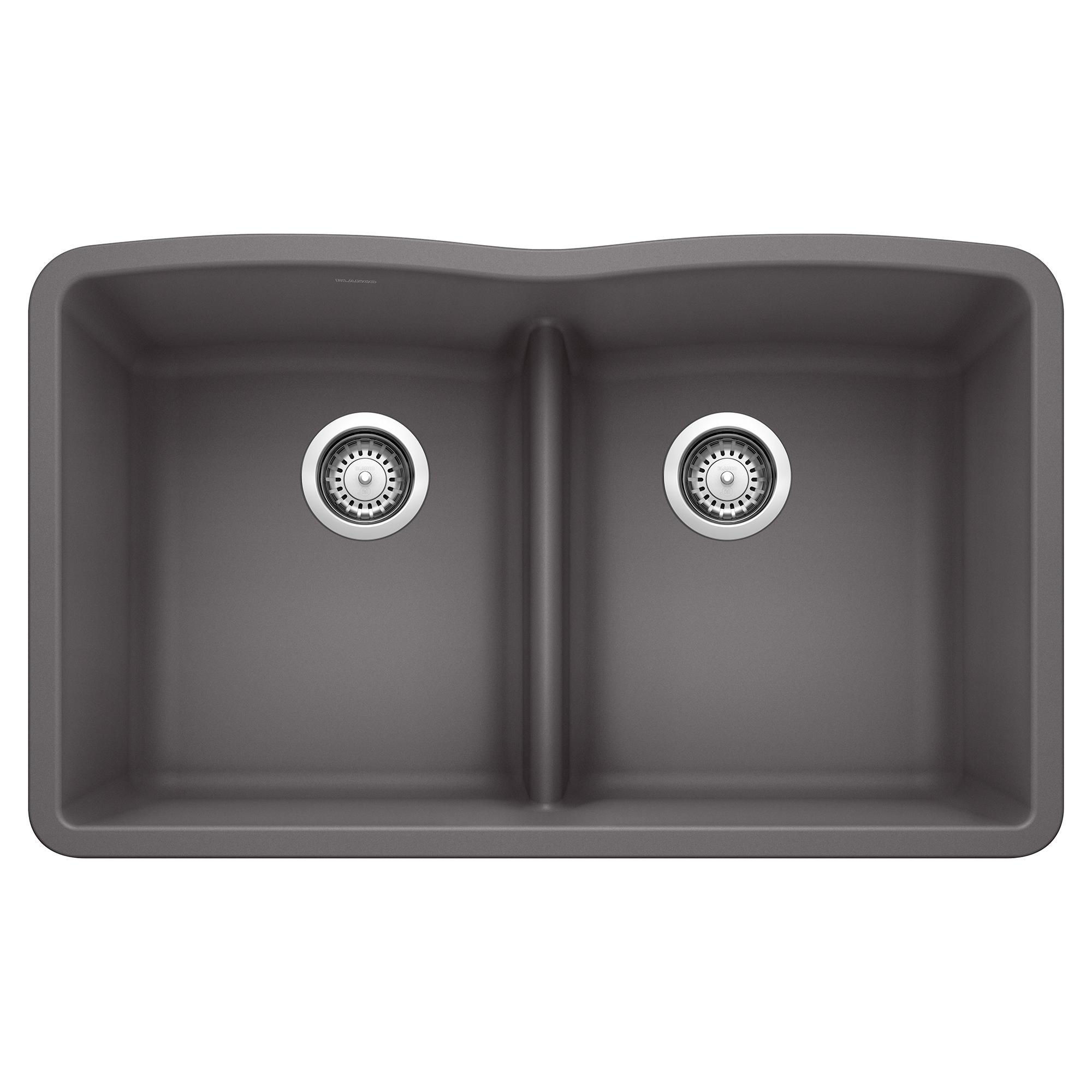 Blanco 442071 DIAMOND™ SILGRANIT® Equal Double Low Divide Bowl Composite Sink, Cinder, Rectangle Shape, 14-1/2 in Left, 14-1/2 in Right L x 17 in Left, 17 in Right W x 9-1/2 in Left, 9-1/2 in Right D Bowl, 32 in L x 19-1/4 in W, Granite