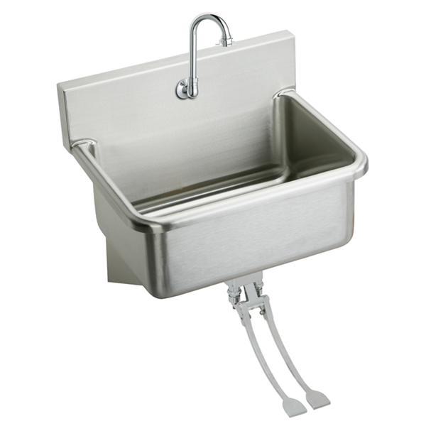 Just Manufacturing JS122TF-J Pedal Valve/Spout/Drain Hand Wash Sink Kit, Rectangular Shape, 24-3/8 in H x 19-1/2 in W x 25 in L, Wall Mounting, Stainless Steel, Lustrous Satin, Domestic