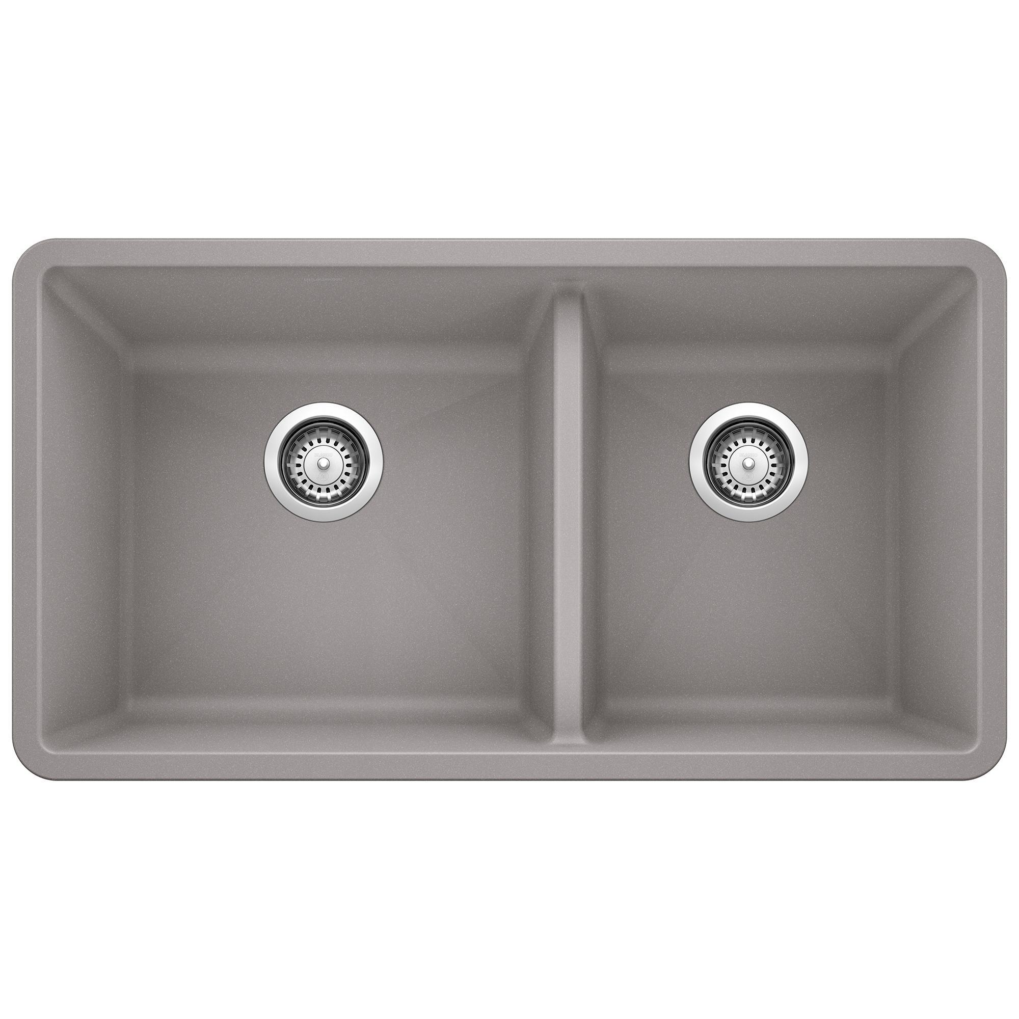 Blanco 441130 PRECIS™ SILGRANIT® II 1-3/4 Bowl Composite Sink, Metallic Gray, Rectangle Shape, 17 in Left, 13 in Right L x 16 in Left, 16 in Right W x 9-1/2 in Left, 9-1/2 in Right D Bowl, 33 in L x 18 in W, Granite