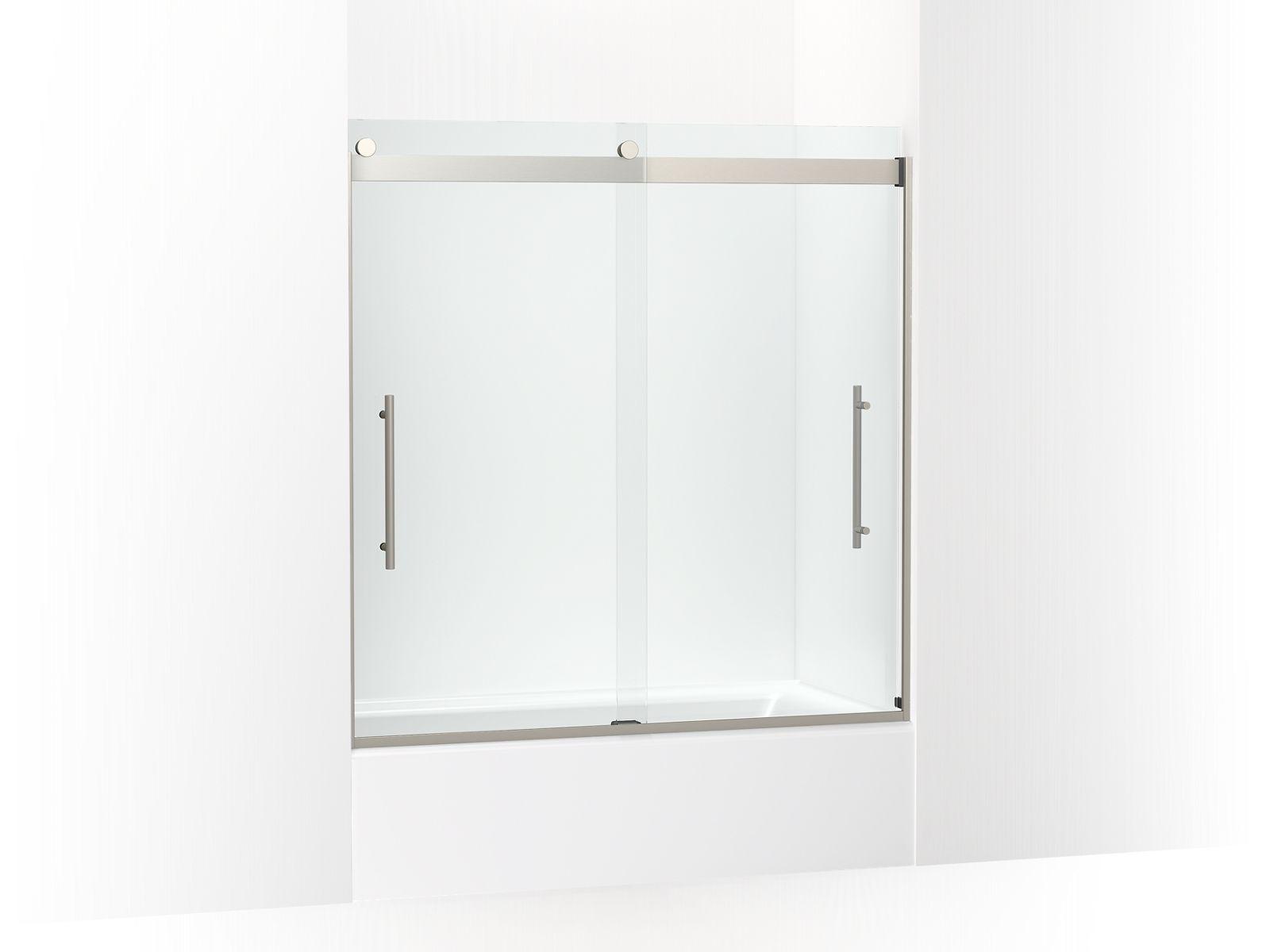 Kohler® 702425-L-BNK 702425-L Levity® Plus Sliding Bath Door, Frameless Frame, Crystal Clear Tempered Glass, Anodized Brushed Nickel, 3/8 in THK Glass, 55-9/16 in H Opening, 56-5/8 to 59-5/8 in W Opening