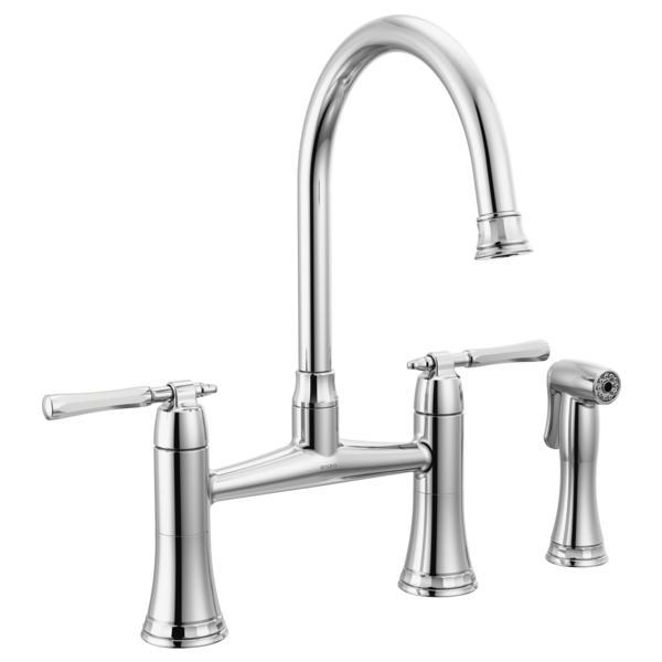 Brizo® 62558LF-PC The Tulham™ Kitchen Collection by Brizo® Bridge Kitchen Faucet, 1.8 gpm Flow Rate, 8 in Center, 360 deg Swivel Spout, Chrome, 2 Handles, Import