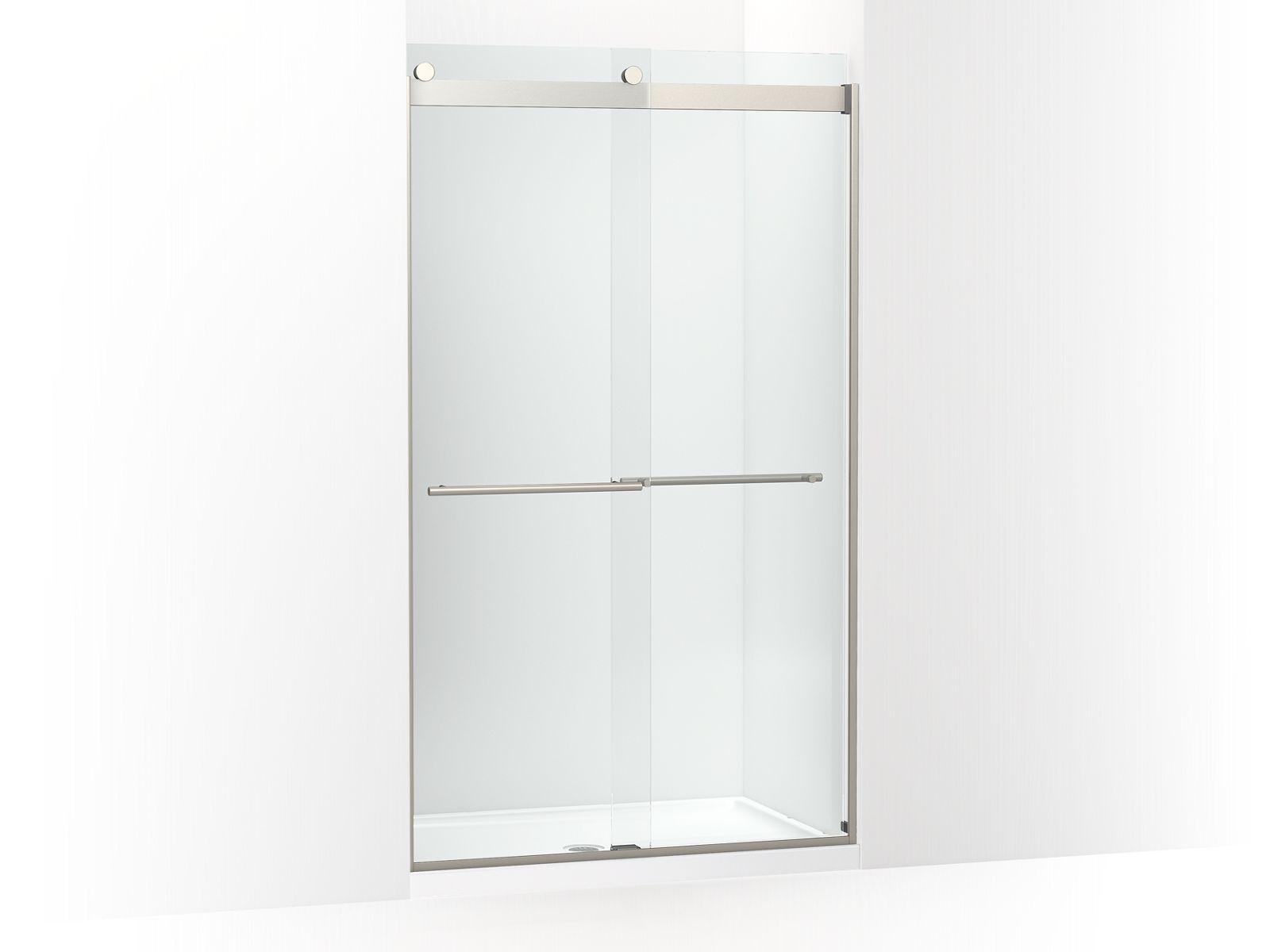 Kohler® 702428-L-BNK 702428-L Levity® Plus Sliding Door, Frameless Frame, Crystal Clear Tempered Glass, Anodized Brushed Nickel, 3/8 in THK Glass, 75-5/8 in H Opening, 44-5/8 to 47-5/8 in W Opening