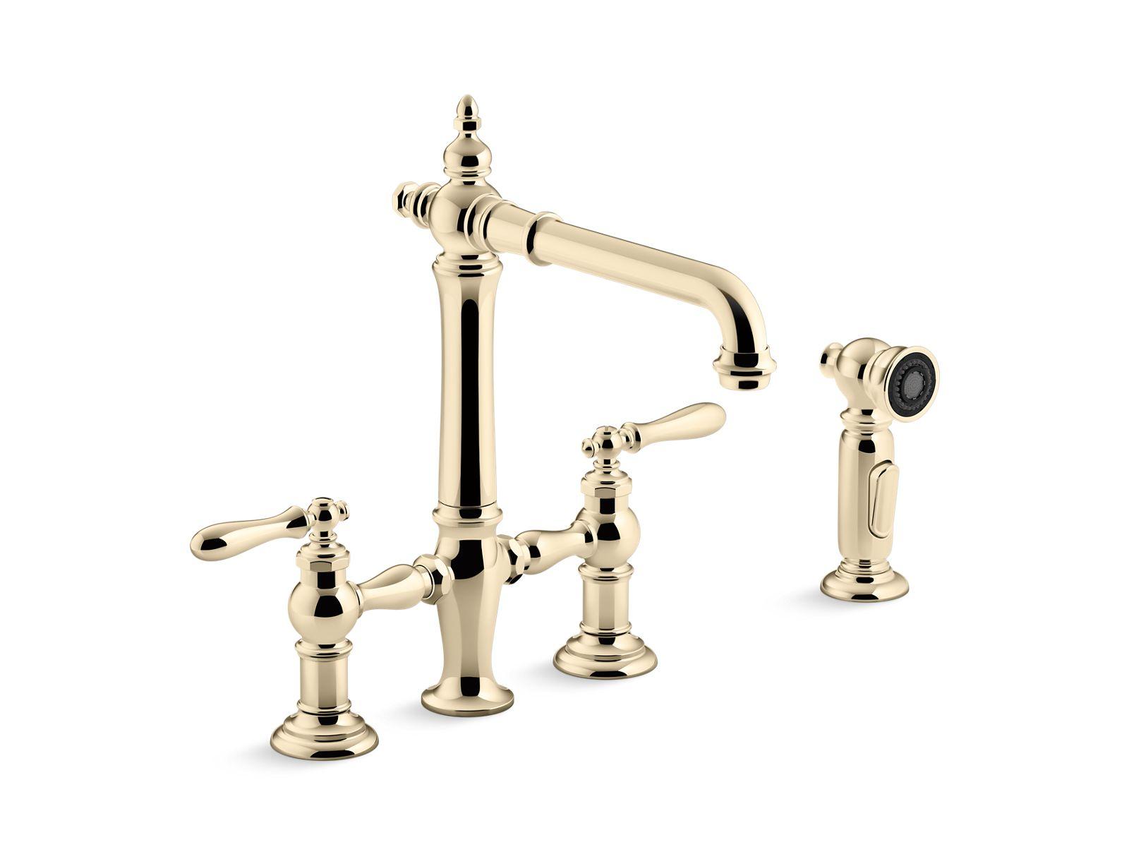 Kohler® 76519-4-AF 76519-4 Artifacts® Two-Hole Kitchen Sink, 1.5 gpm Flow Rate, 8 in Center, Swivel Spout, Vibrant French Gold, 1 Handles