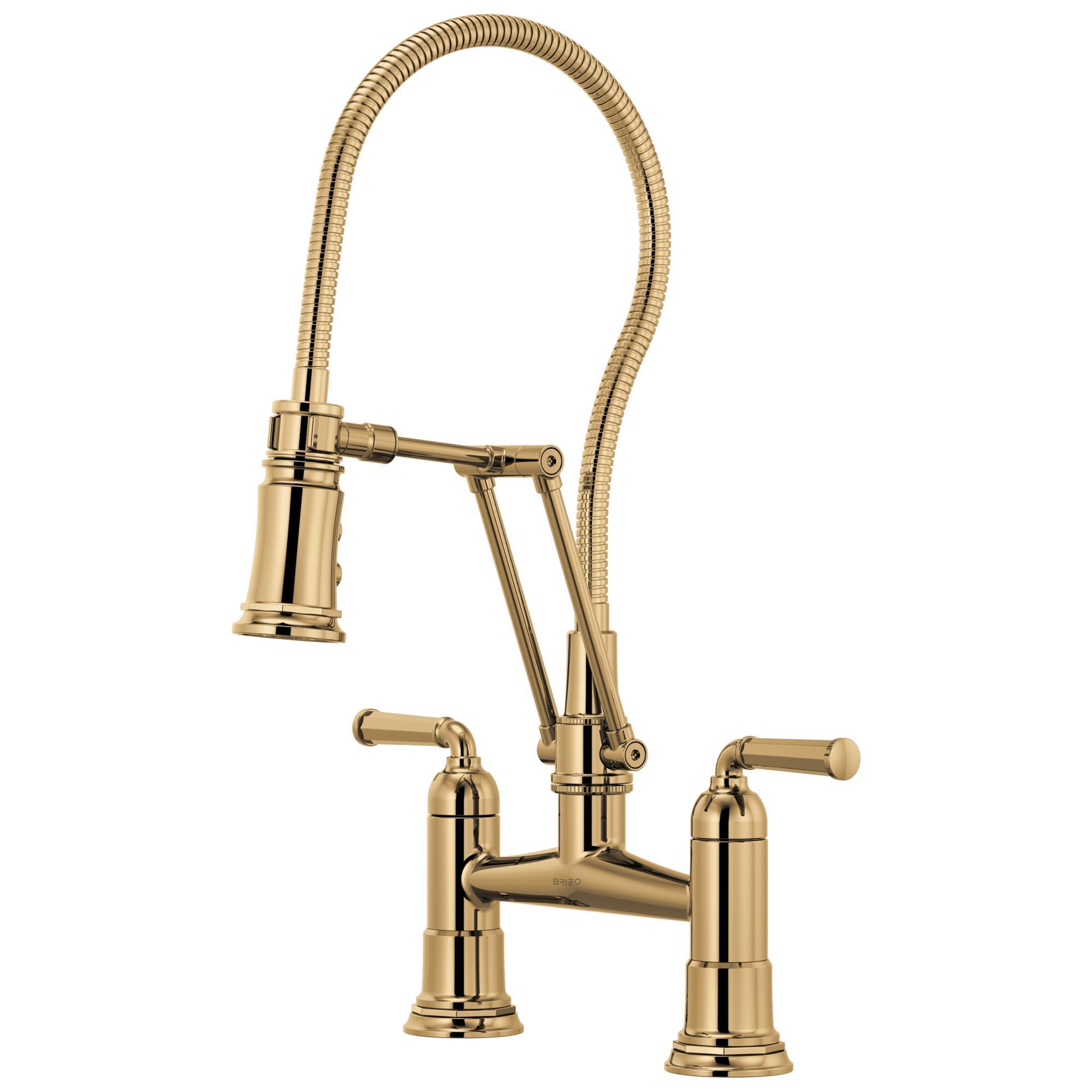 Brizo® 62174LF-PG Rook® Articulating Bridge Faucet With Finished Hose, Commercial, 1.8 gpm Flow Rate, 8 in Center, 360 deg Swivel Spout, Polished Gold, 2 Handles, Domestic