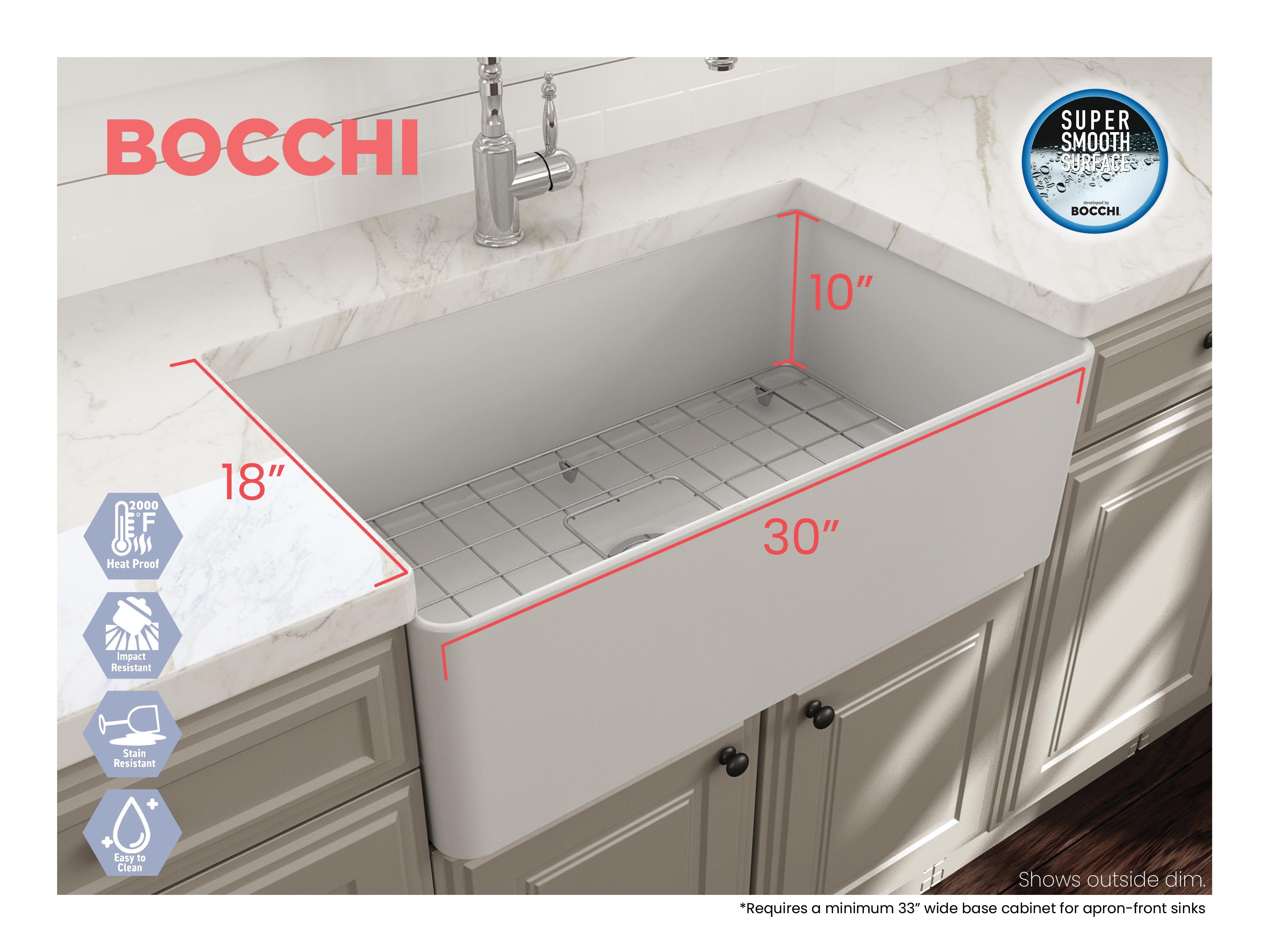 BOCCHI 1481-002-0120 Aderci Modern/Contemporary Kitchen Sink, Rectangle Shape, 10 in H x 18 in W x 30 in L, Fireclay, Matte White, Import