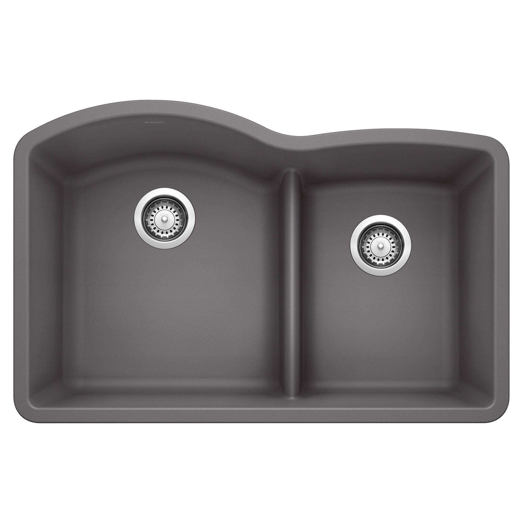 Blanco 441591 DIAMOND™ SILGRANIT® II Low Divide 1-3/4 Bowl Composite Sink, Cinder, D-Shaped Shape, 16-1/2 in Left, 12-1/2 in Right L x 18-5/8 in Left, 17 in Right W x 9-1/2 in Left, 9-1/2 in Right D Bowl, 32 in L x 20-7/8 in W, Granite