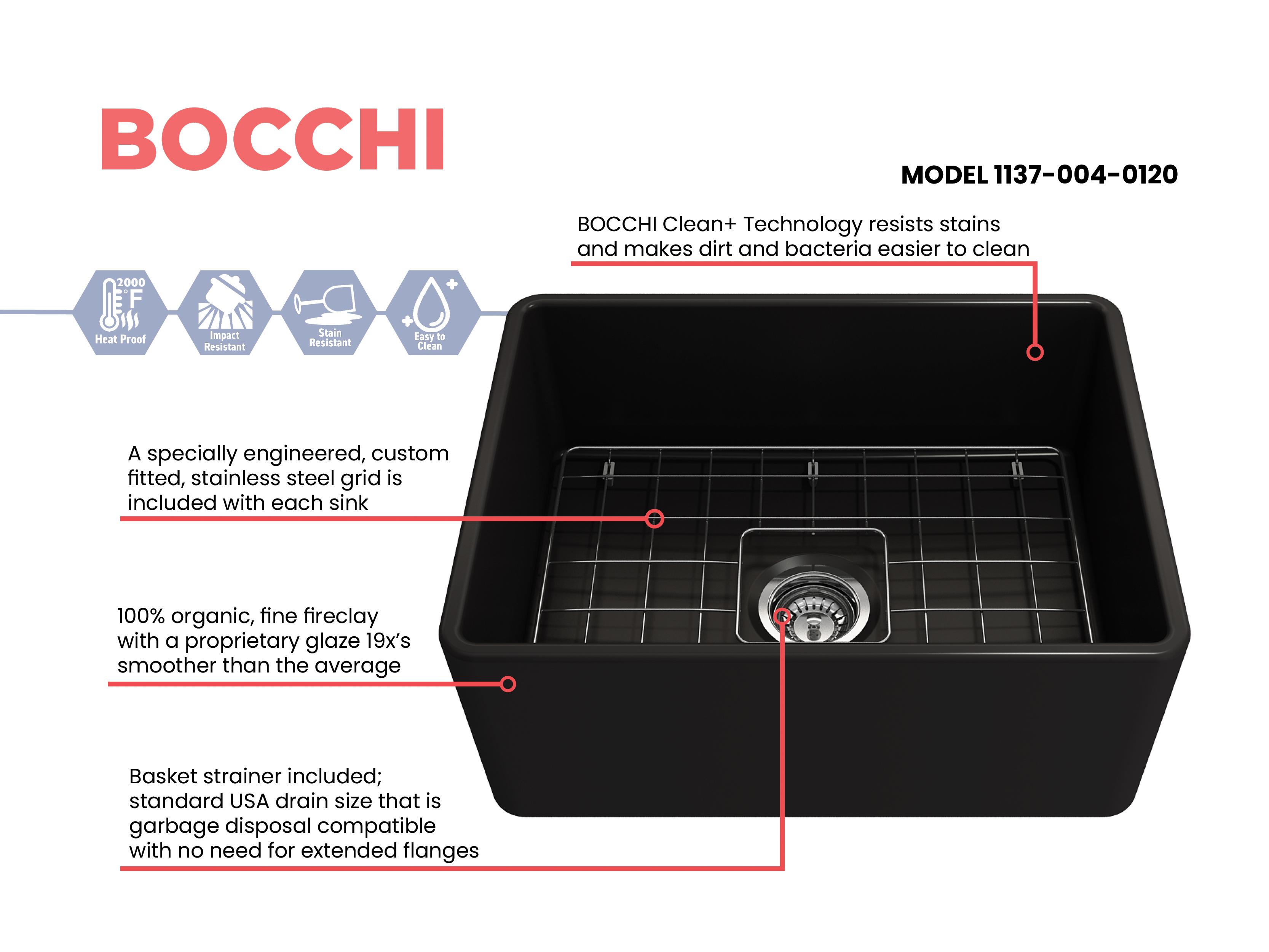 BOCCHI 1137-004-0120 Classico Traditional Kitchen Sink, Rectangle Shape, 10 in H x 18 in W x 24 in L, Fireclay, Matte Black, Import